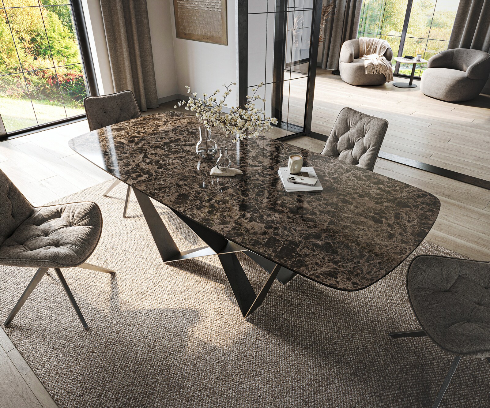 Esstisch Edge Boot 180-220x100 cm Keramik Emperador Extra Lucidato Dunkelbraun Spider Flachstahl Edelstahl Graphit ausziehbar 3