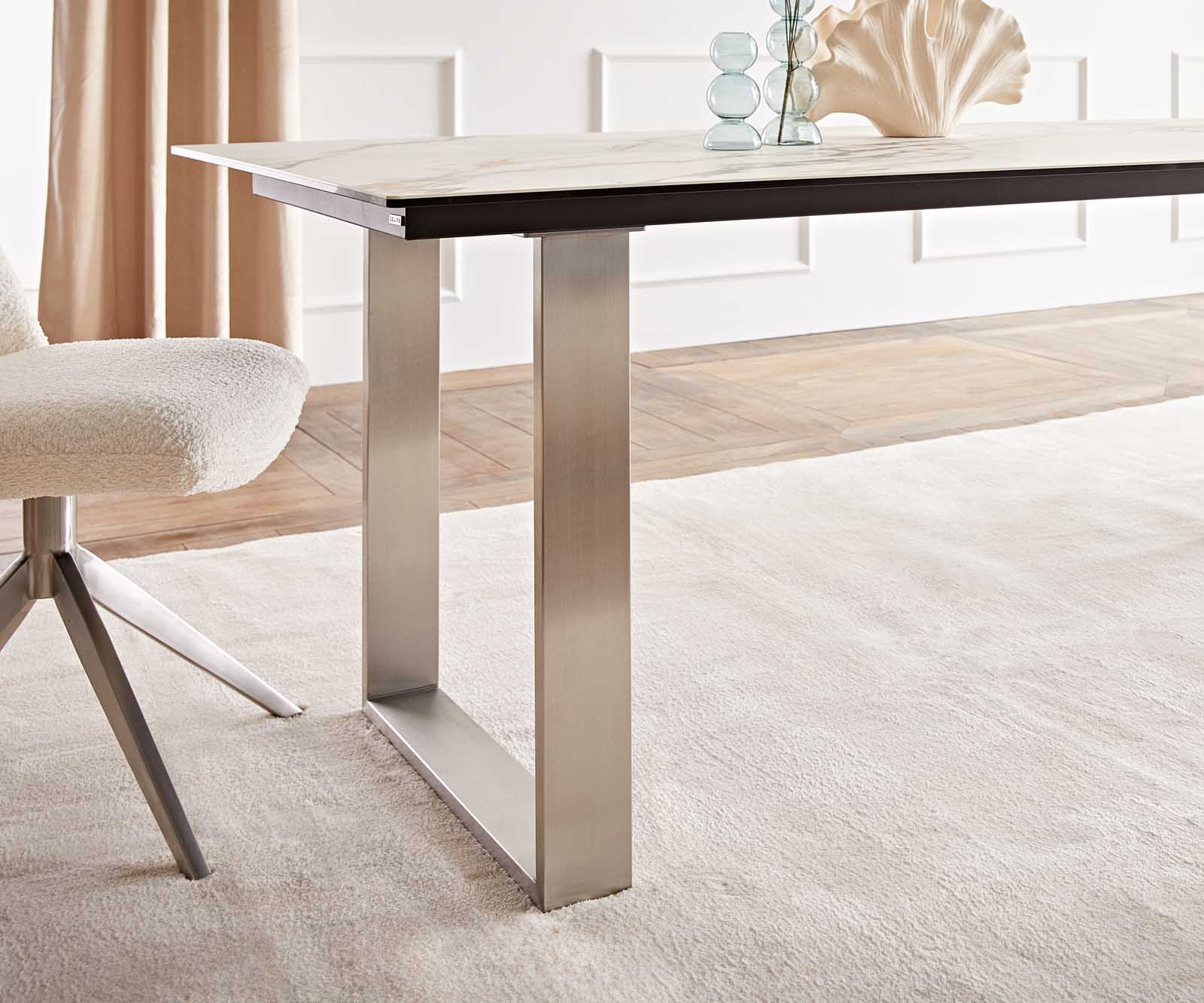 Esstisch Edge 200x100 Keramik Calacatta Luxe Weiß-Gold-Grau Edelstahl Schmal 6