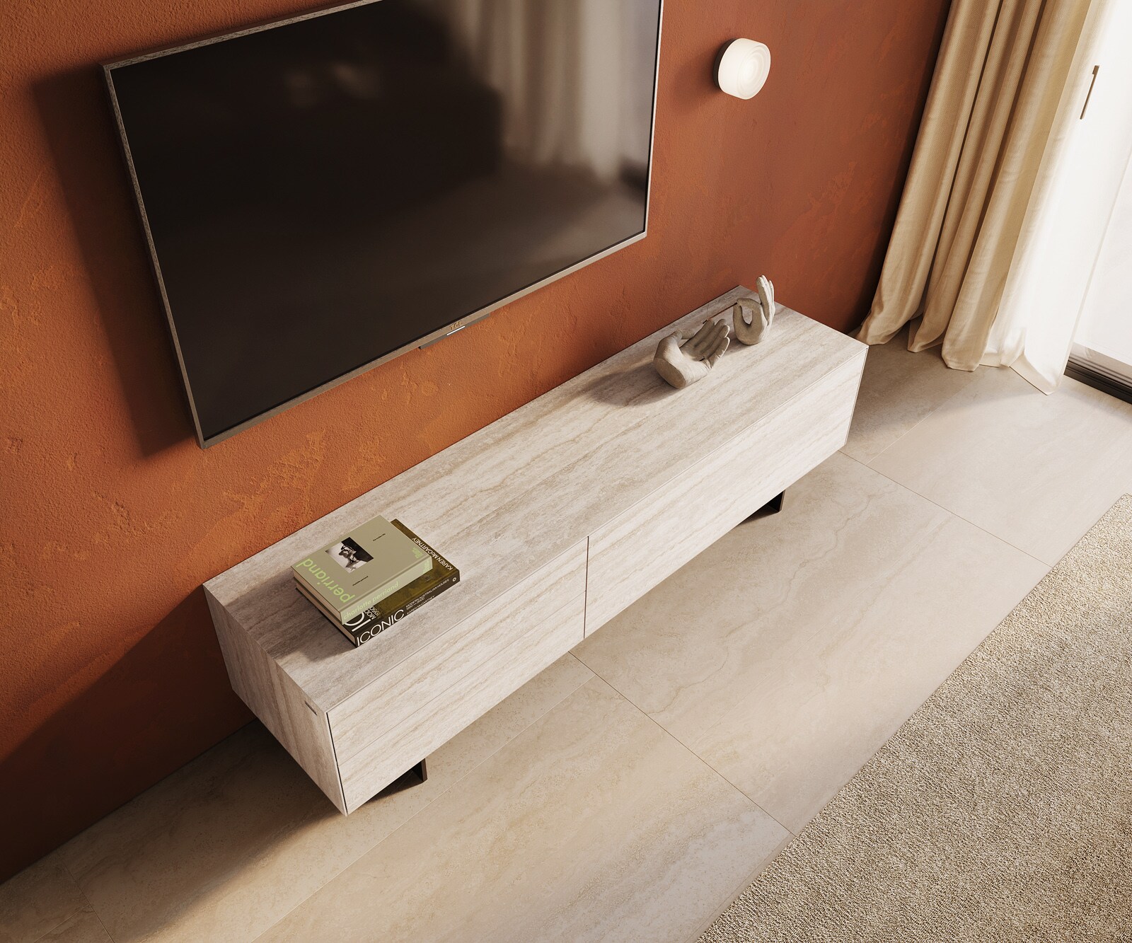 Lowboard Cuor 180 cm Keramik Laminam® Travertino Bianco Creme-Weiß 1 Klappe 2 Schubfächer Fuß Schwebeoptik Metall Schwarz 4