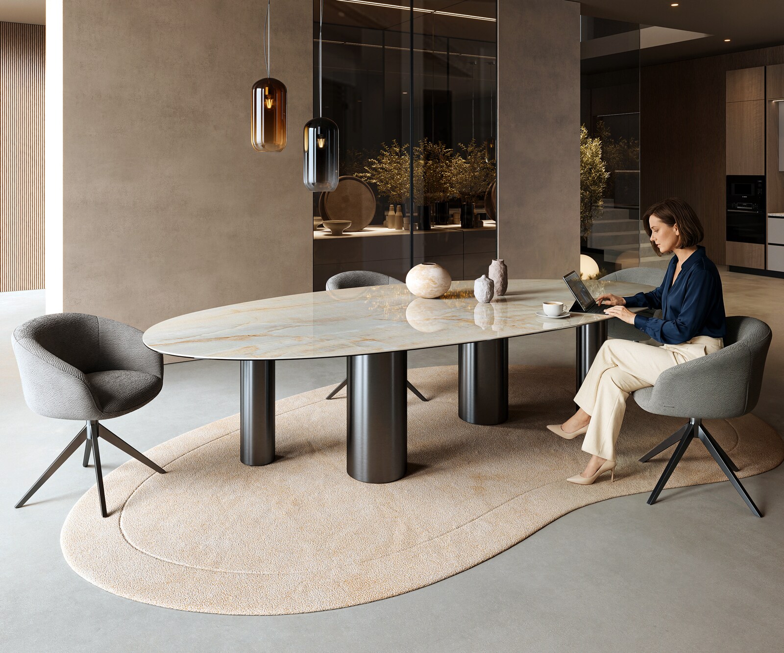 Table à manger Edge Oval 315x150 cm Céramique Iris FMG Onice Oro Pilier Métal Noir 6