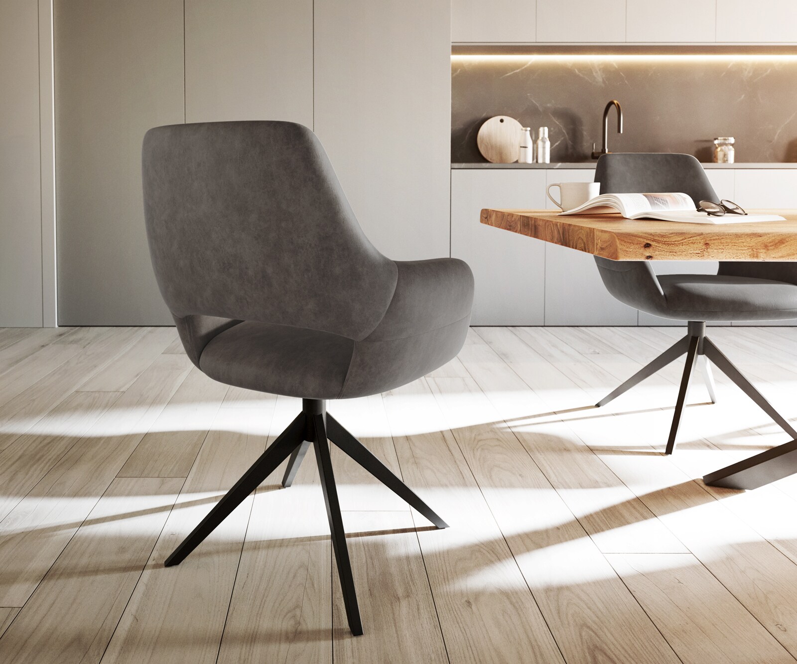 Esszimmerstuhl Yago-Flex mit Armlehnen Mikrofaser Anthrazit Vintage Kreuzgestell breit schwarz Taschenfederkern 4 Esszimmerstuhl Yago-Flex mit Armlehnen Mikrofaser Anthrazit Vintage Kreuzgestell breit schwarz Taschenfederkern 4