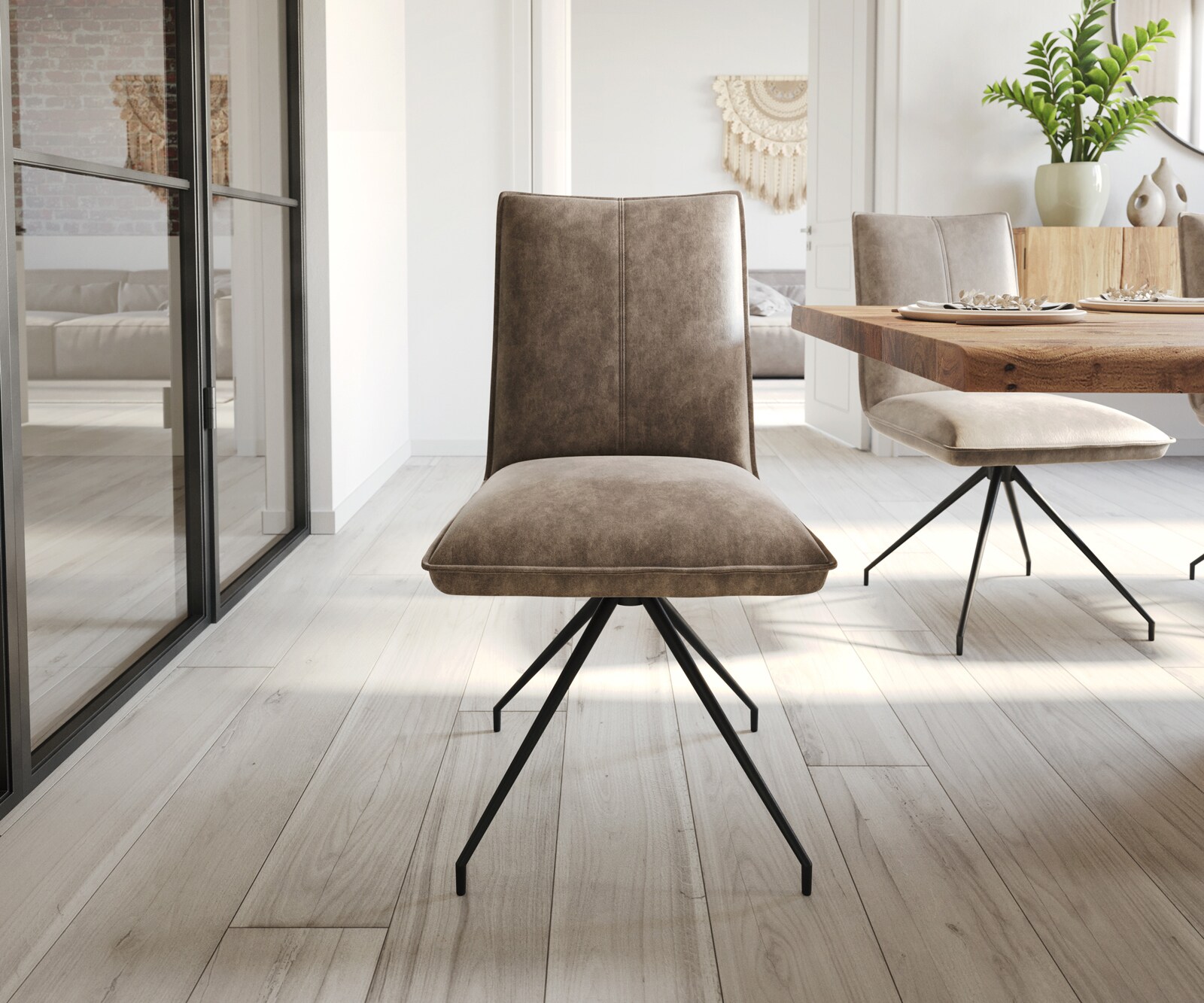 Chaise-de-salle-à-manger Lelio-Flex microvelours taupe vintage pied croisé conique noir ressorts ensachés 1