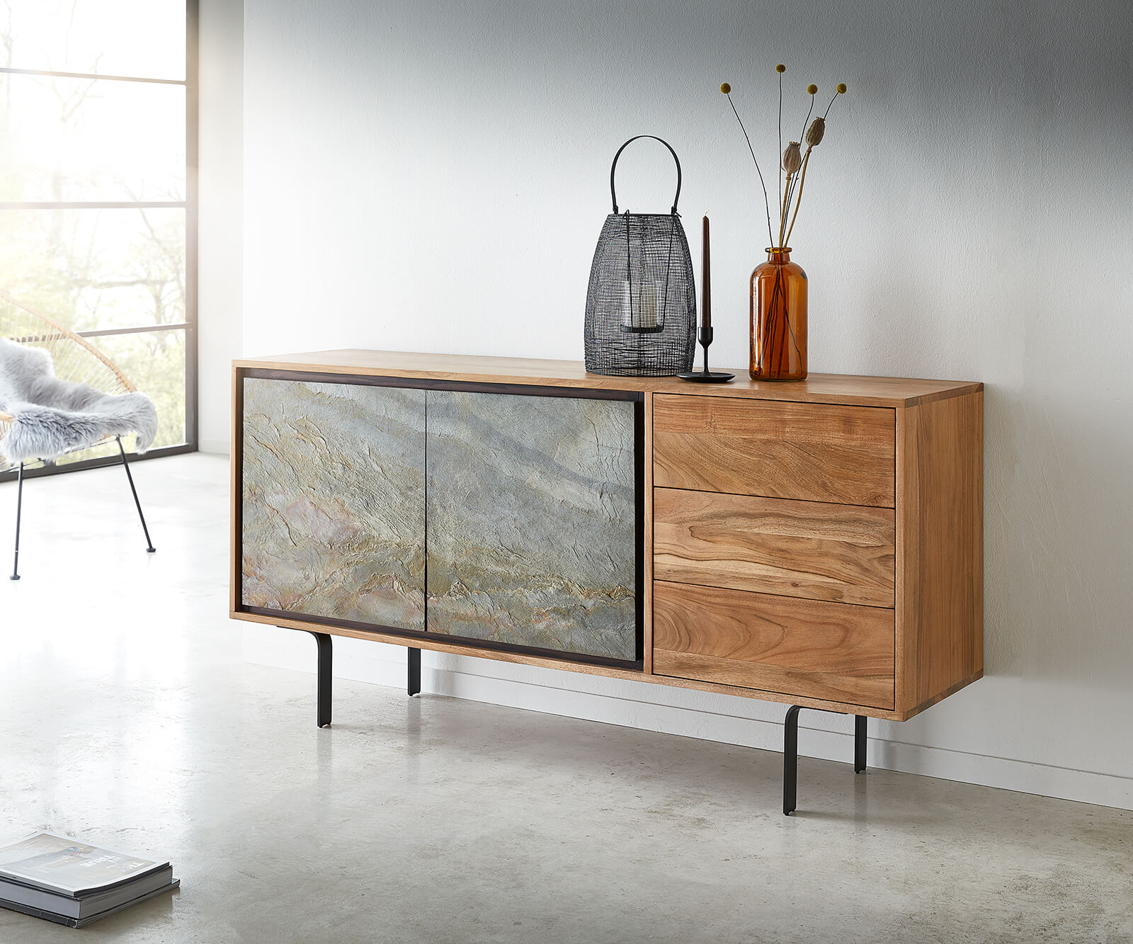 Buffet Juwelo 150 cm acacia nature avec placage de pierre  1 Buffet Juwelo 150 cm acacia nature avec placage de pierre  1