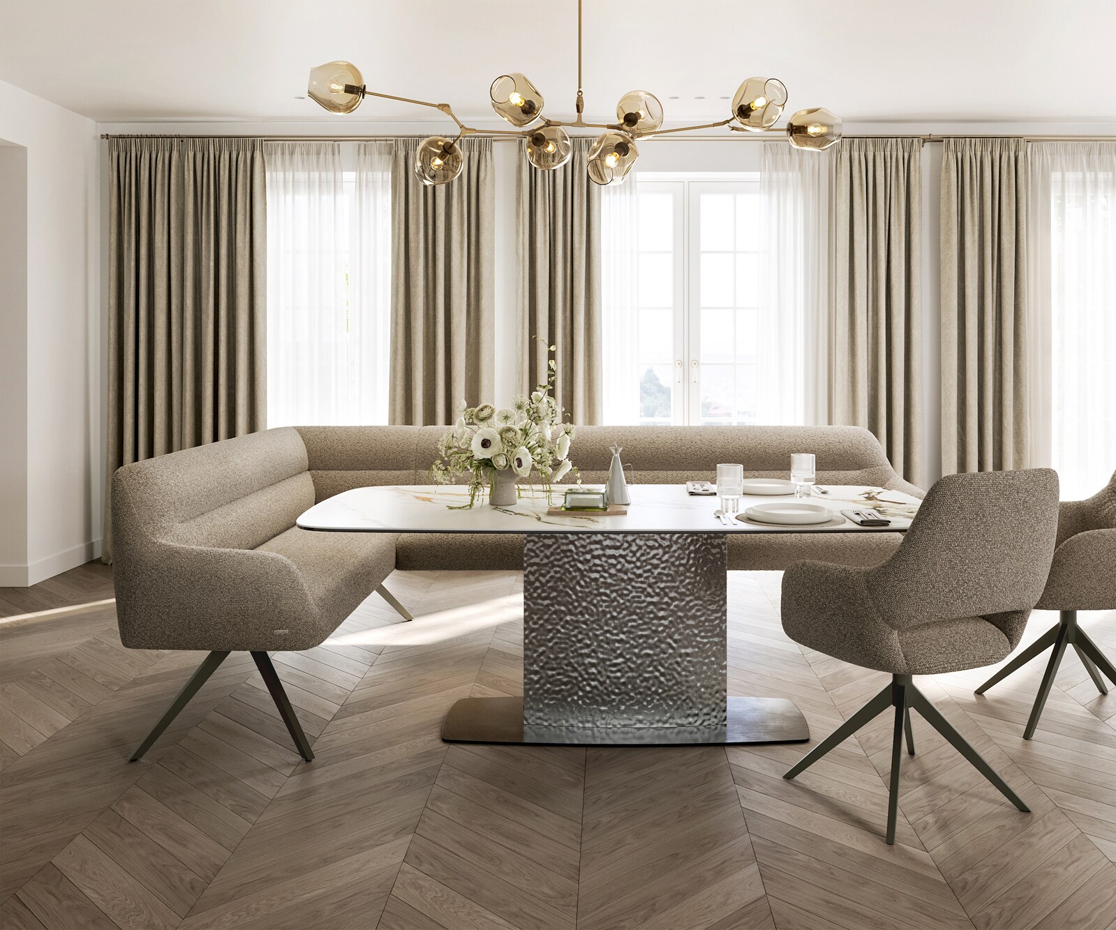 Esszimmerbank Taya-Flex 285x190 cm Bouclé Schlamm Kreuzgestell kantig Effektfinish Titan Taschenfederkern Rechts 1