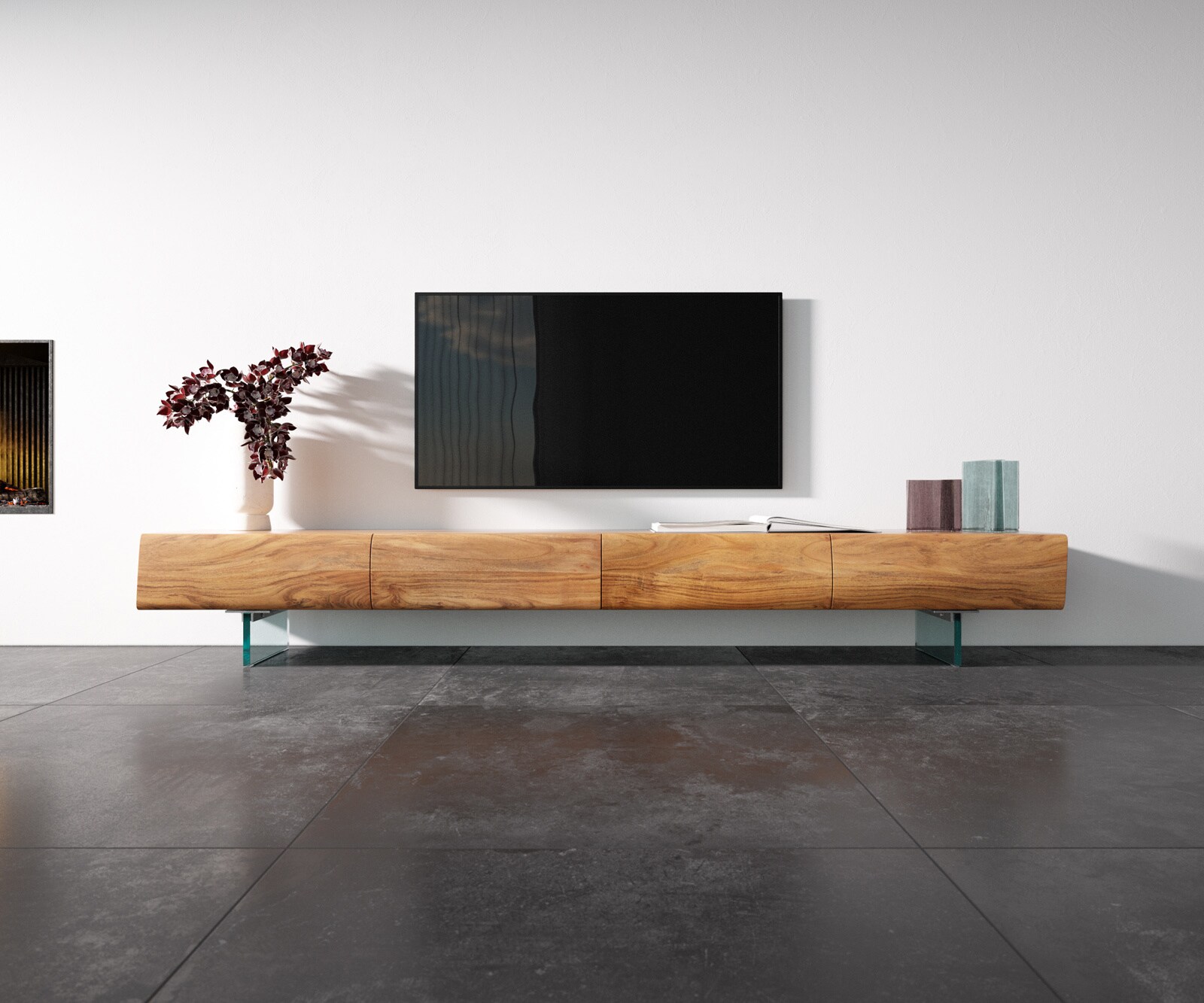Meuble -TV New Live-Edge 240 cm acacia naturel 4 tiroirs pied en verre 3