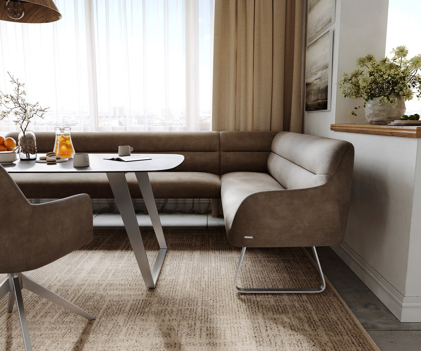 Esszimmerbank Taya-Flex 285x190 cm Mikrofaser Taupe Vintage Kufengestell flach Edelstahl Taschenfederkern Links 5