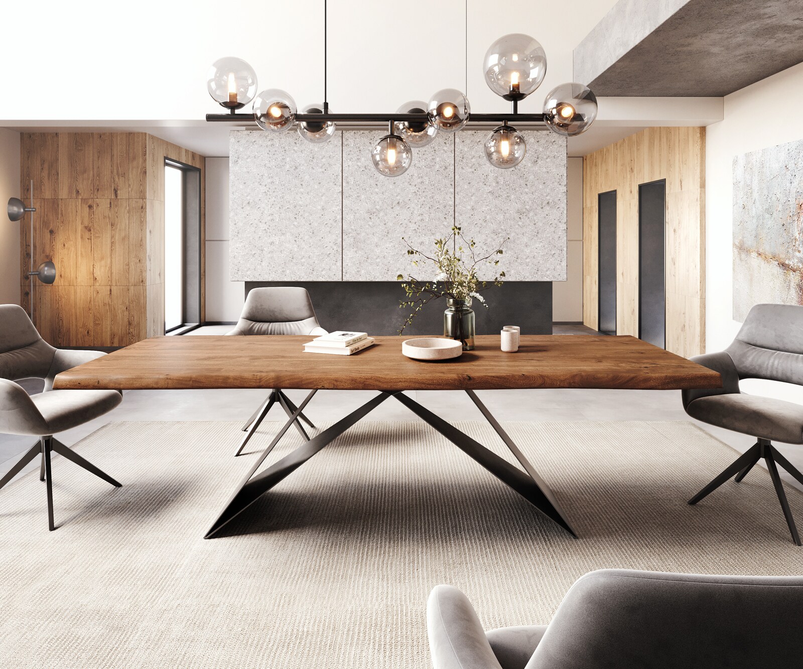 Table à manger Edge 260x100 XL acacia marron cadre en V acier plat noir Live-Edge 2