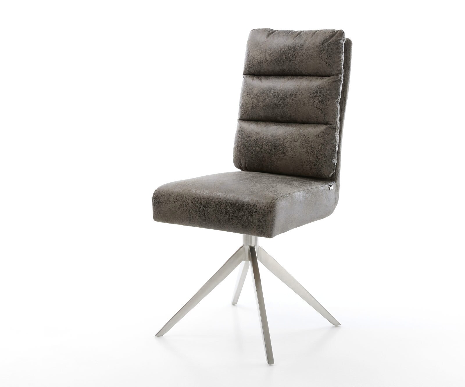 Chaise-pivotante Pela-Flex microvelours gris antique pied croisé large acier inoxydable brossé pivotement sur 360° fonction bascule ressorts ensachés