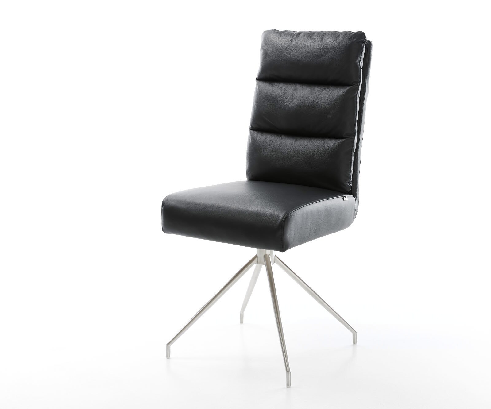Chaise-de-salle-à-manger Pela-Flex cuir de vache noir pied croisé conique acier inoxydable brossé ressorts ensachés