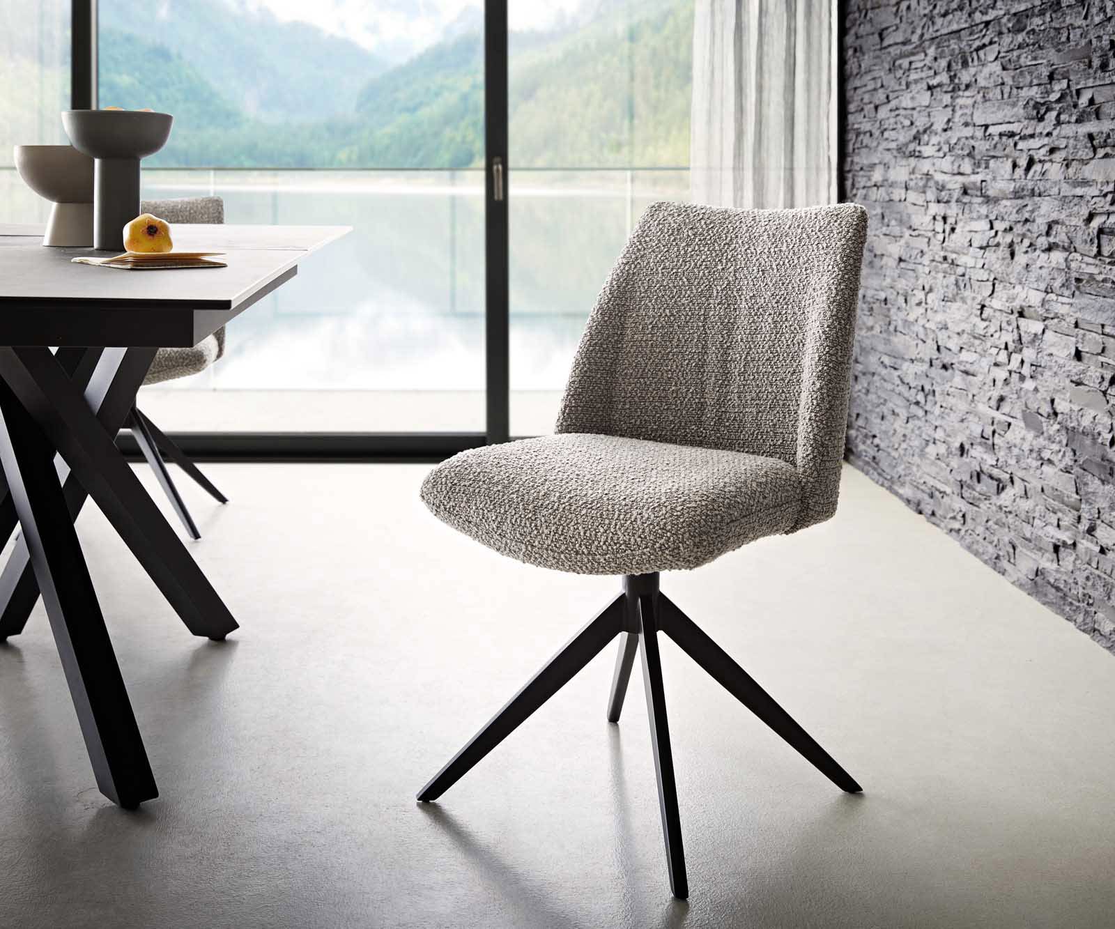 Drehstuhl Elso-Flex Bouclé Silbergrau Kreuzgestell breit Schwarz 360° drehbar Taschenfederkern Drehstuhl Elso-Flex Bouclé Silbergrau Kreuzgestell breit Schwarz 360° drehbar Taschenfederkern