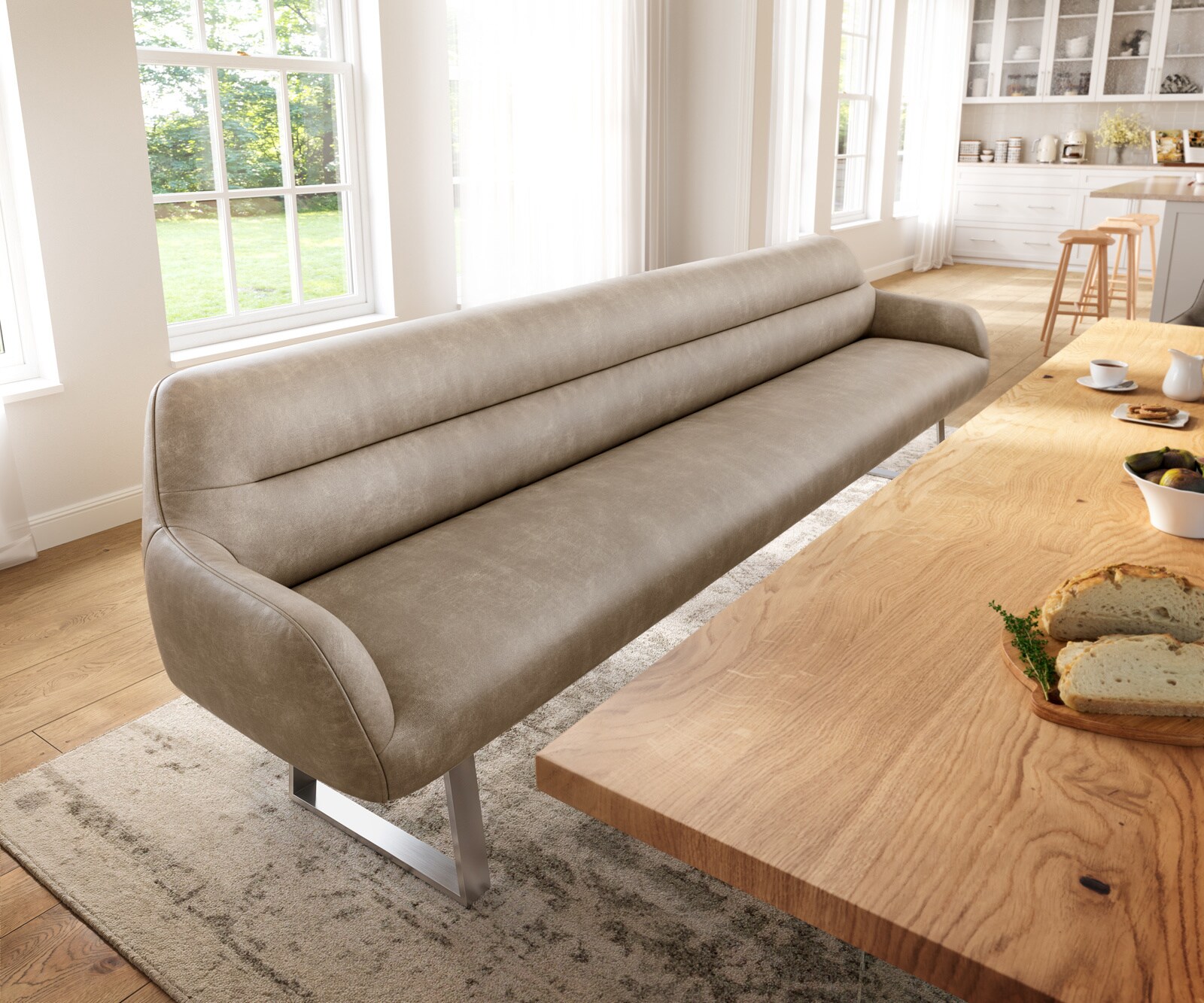 Esszimmerbank Taya-Flex 300 cm Mikrofaser Beige Vintage Kufengestell kantig Edelstahl Taschenfederkern