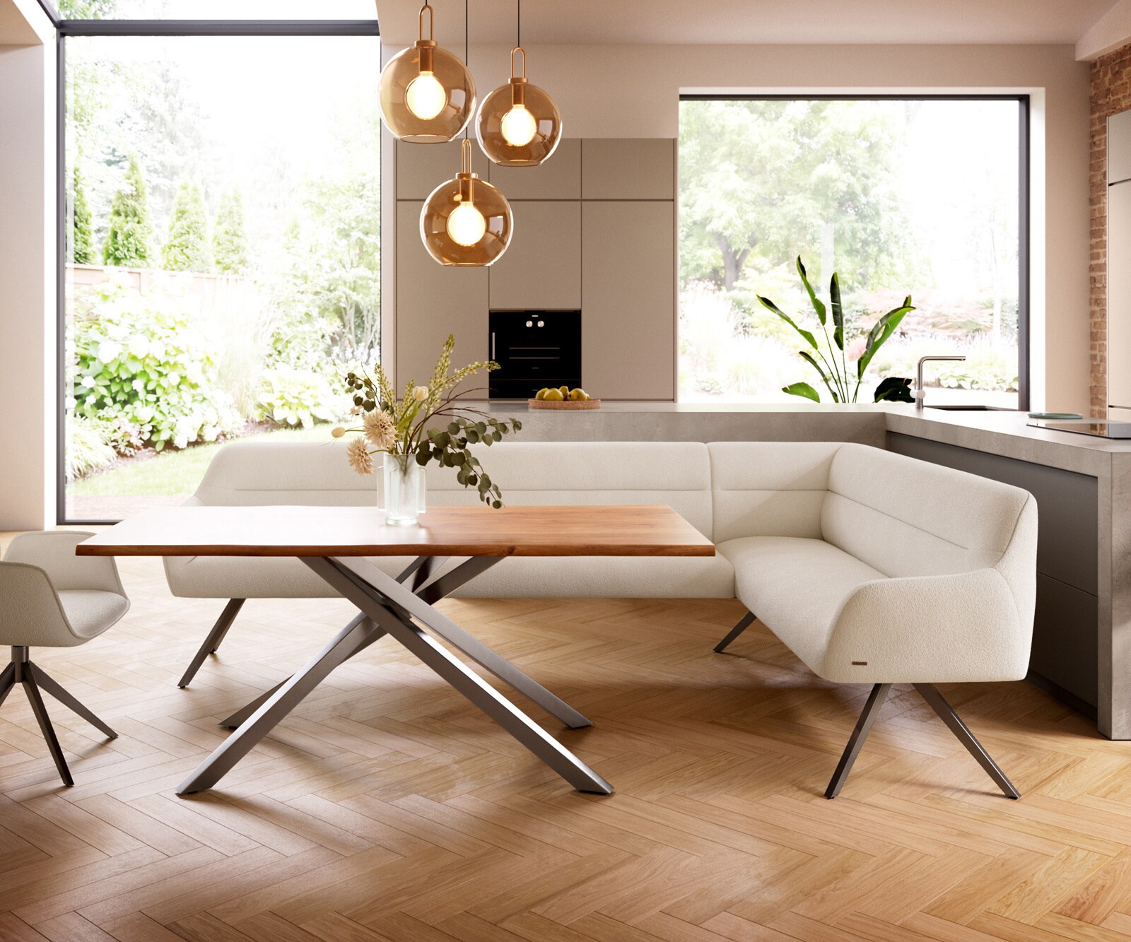 Esszimmerbank Taya-Flex 285x190 cm Bouclé Creme-Weiß Kreuzgestell kantig Graphit Taschenfederkern Links 1