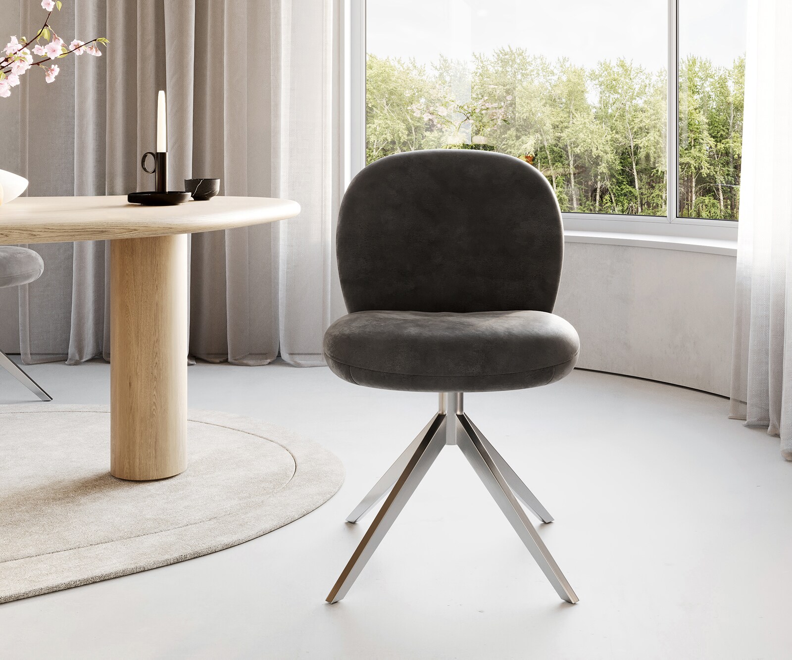 Chaise-pivotante Nube-Flex microvelours anthracite vintage pied croisé large acier inoxydable brossé pivotement sur 360° ressorts ensachés 1