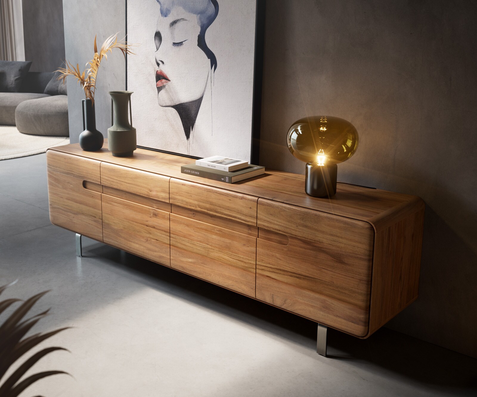 Meuble-TV Anaya 200 cm acacia naturel 4 portes pied en L inoxydable 3