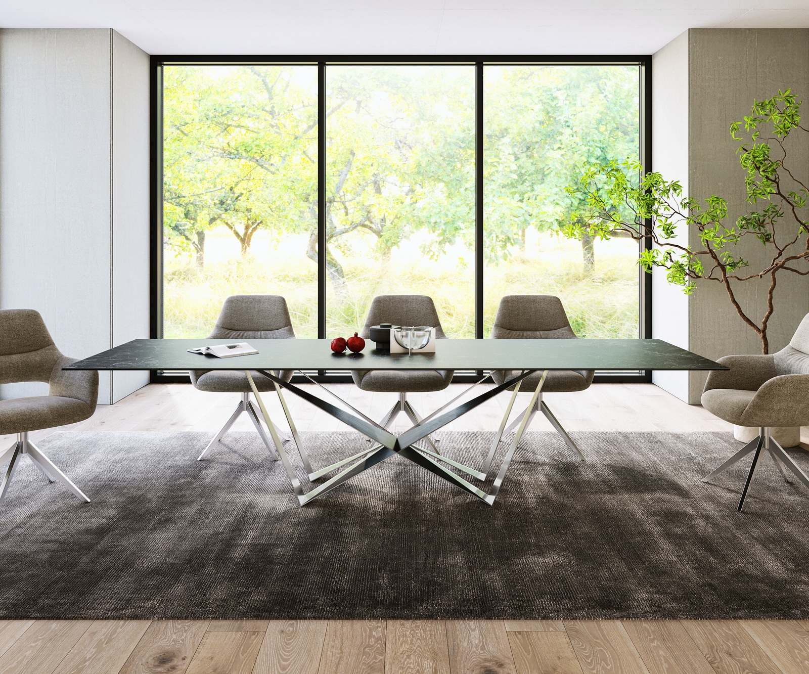 Table-à-manger Edge 300x100cm Laminam® céramique gris pieds milieu acier plat argent 1 Table-à-manger Edge 300x100cm Laminam® céramique gris pieds milieu acier plat argent 1