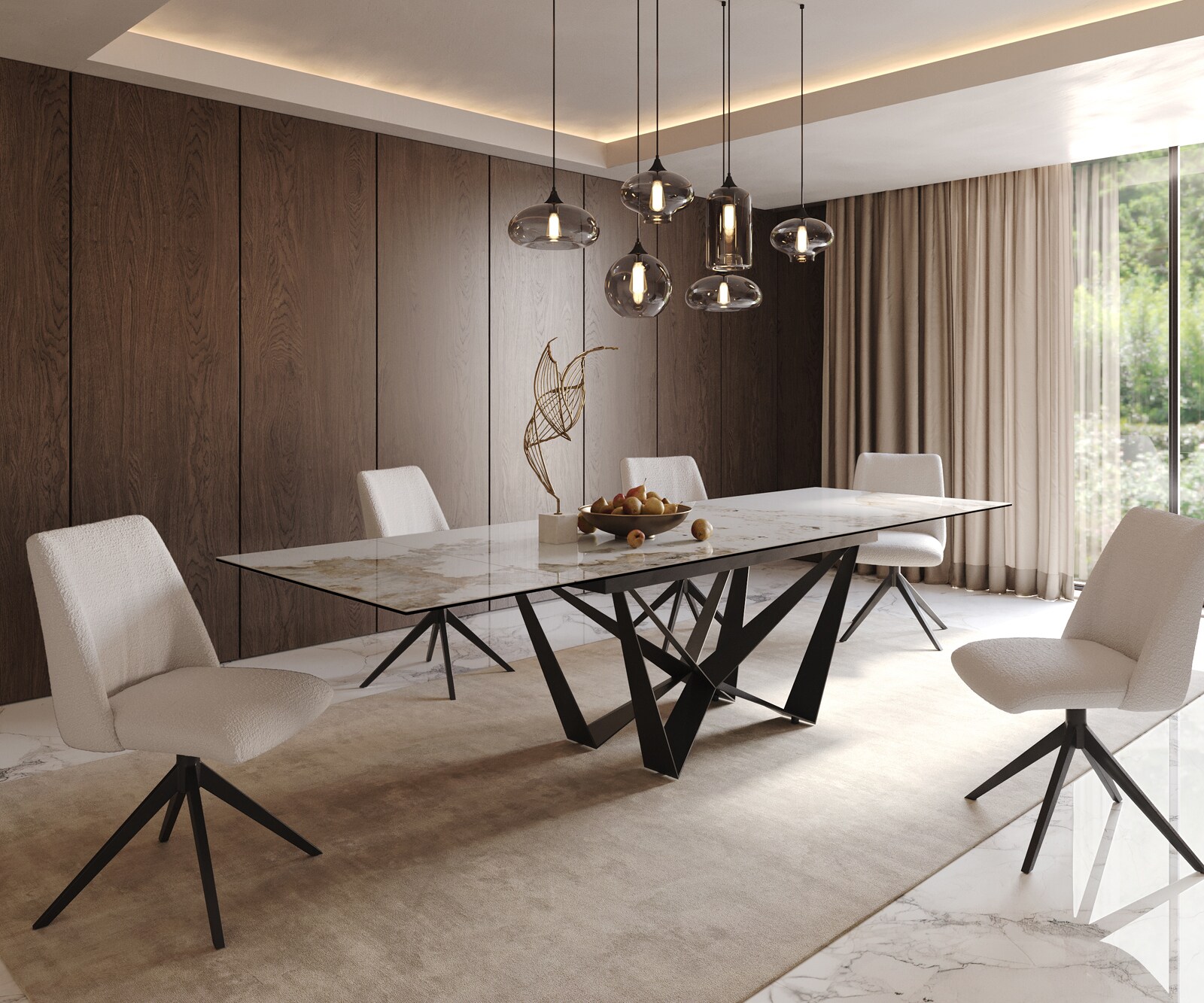 Table à manger Edge 200-300x100 céramique Minas mélange blanc-beige Spider acier plat noir extensible 8