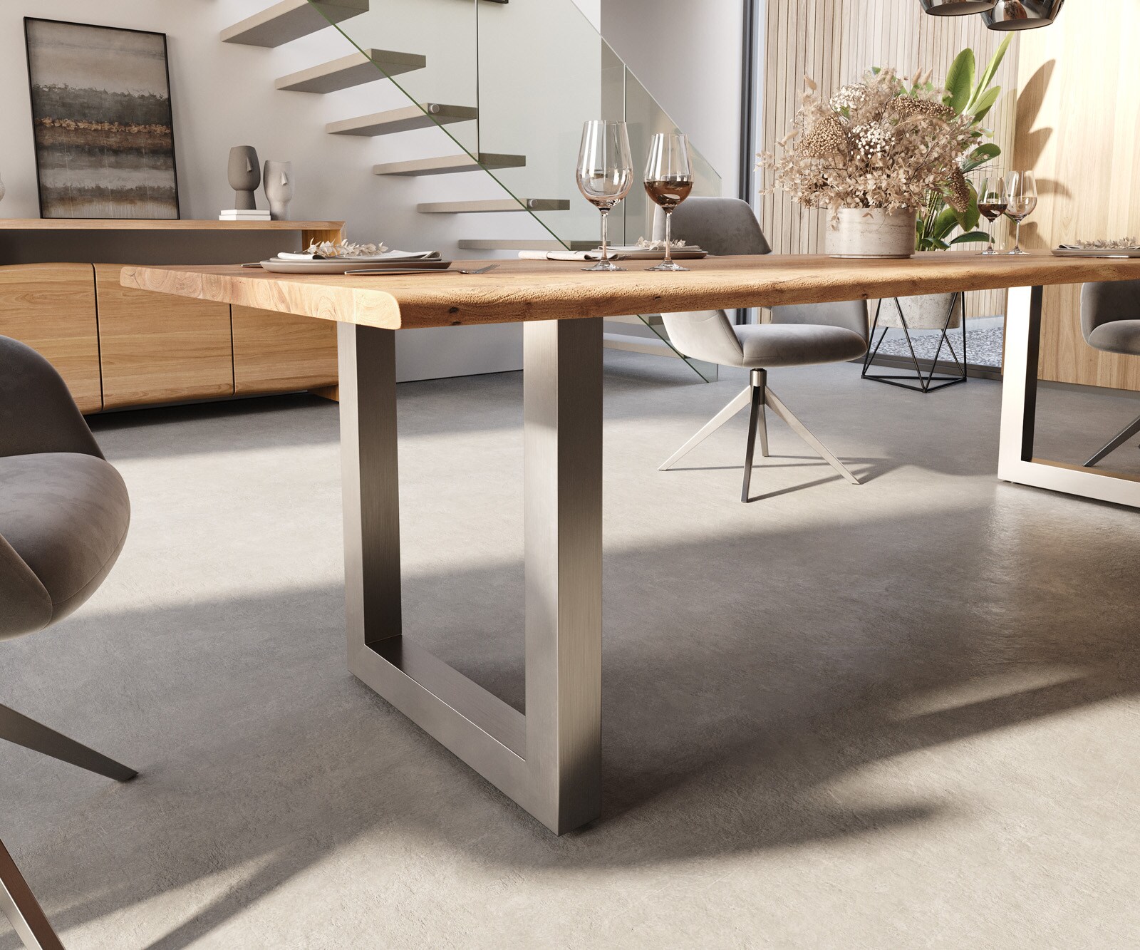Table-à-manger Edge 300x100 acacia nature acier inoxydable large Live-Edge 6