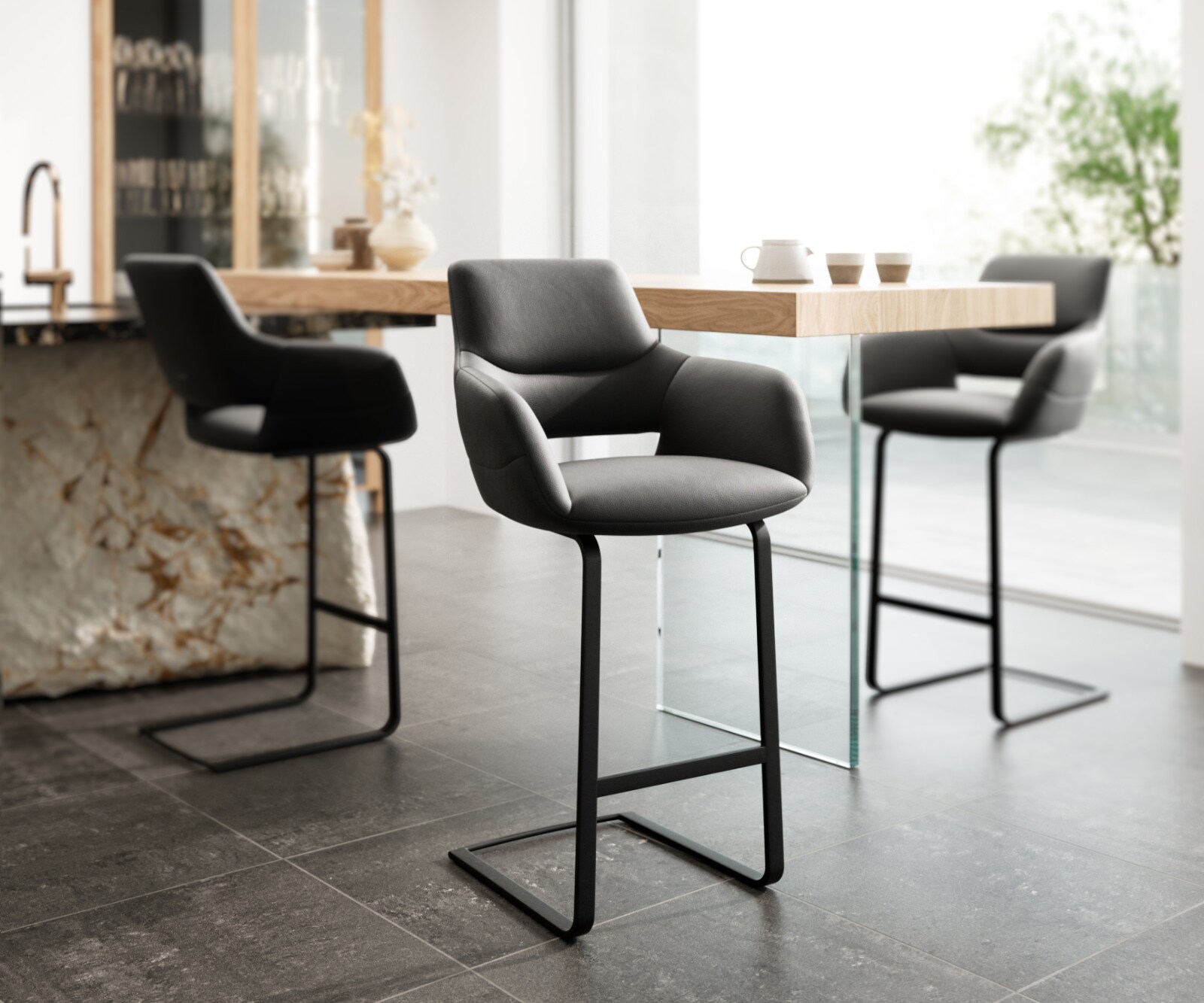 Barstuhl Yago-Flex Echt-Leder Schwarz Freischwinger flach Metall Schwarz Taschenfederkern