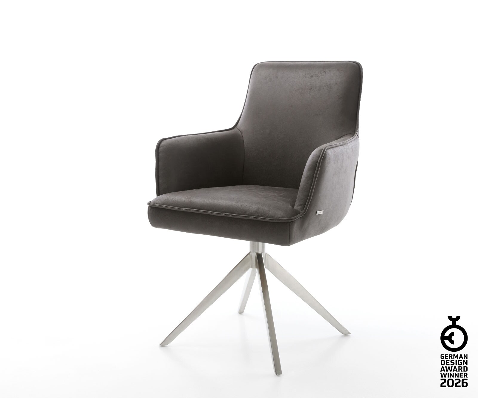 Chaise-pivotante Heira-Flex microvelours anthracite vintage pied croisé large acier inoxydable brossé pivotement sur 360° fonction bascule ressorts ensachés