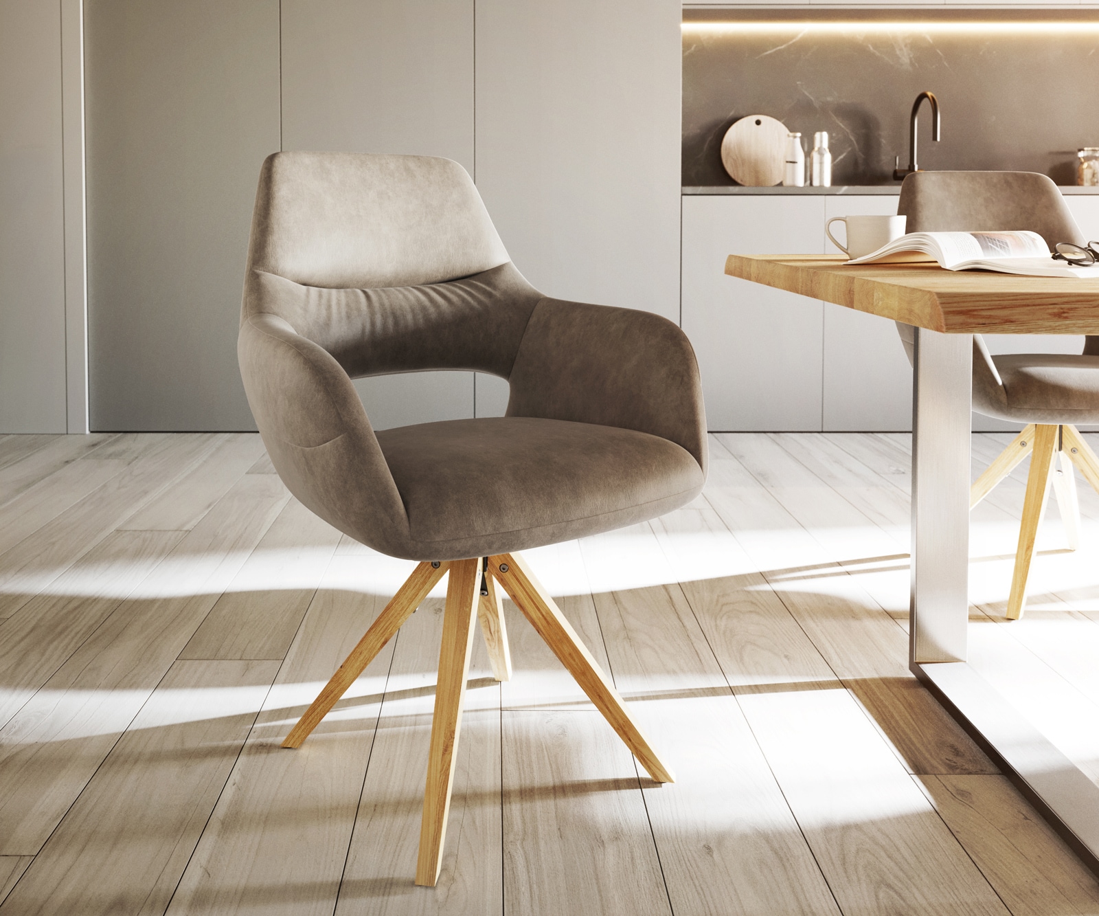 Esszimmerstuhl Yago-Flex mit Armlehnen Mikrofaser Taupe Vintage Holzgestell kantig Natur Taschenfederkern Esszimmerstuhl Yago-Flex mit Armlehnen Mikrofaser Taupe Vintage Holzgestell kantig Natur Taschenfederkern