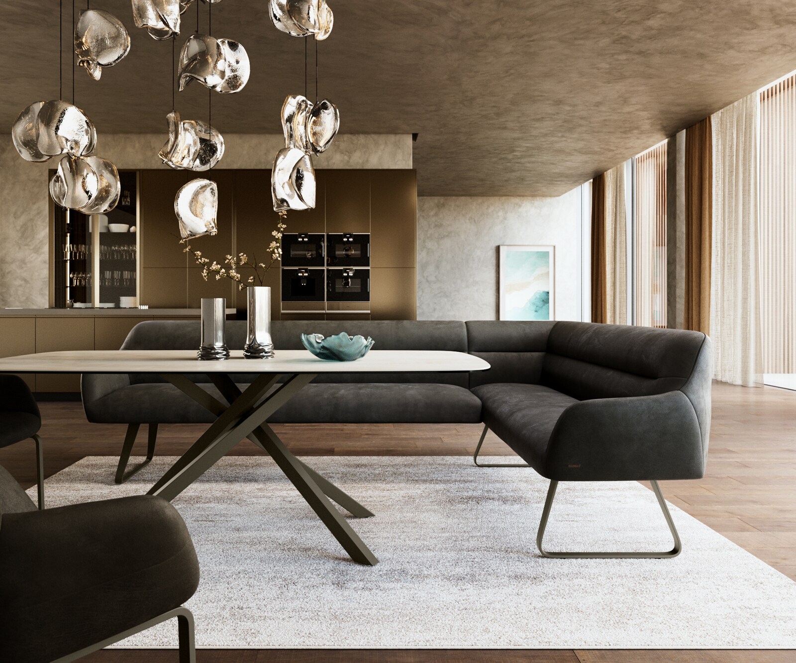 Esszimmerbank Taya-Flex 285x190 cm Mikrofaser Anthrazit Vintage Kufengestell flach Effektfinish Titan Taschenfederkern Links 1