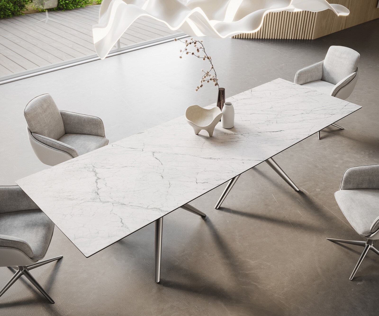 Esstisch Edge 300x100 Keramik Laminam®Statuarietto Weiß Estelar rund Edelstahl 1