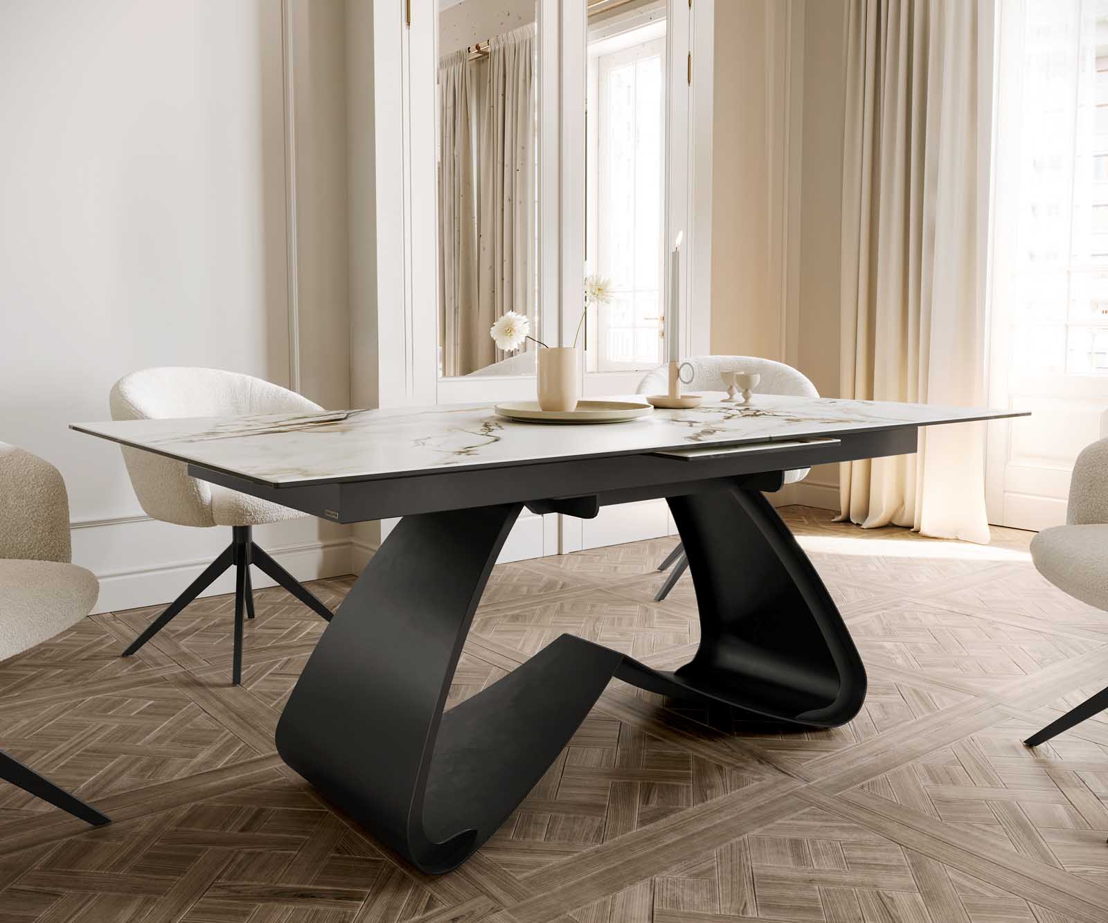 Esstisch Edge 180-220x100 Keramik Calacatta Luxe Weiß-Gold-Grau W-Gestell Schwarz ausziehbar 6