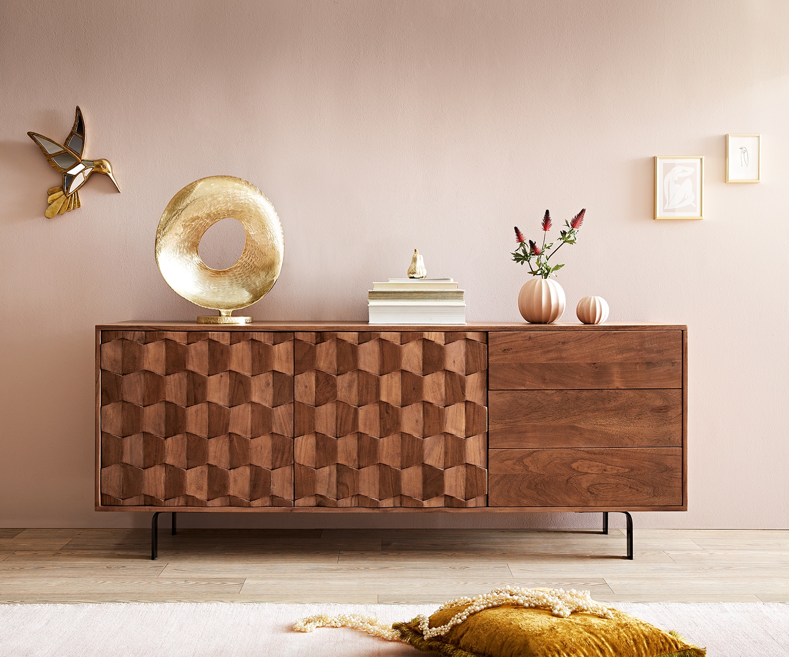Sideboard Fevo 175 cm Akazie Braun 2 Türen 3 Schubfächer L-Fuß 1 Sideboard Fevo 175 cm Akazie Braun 2 Türen 3 Schubfächer L-Fuß 1