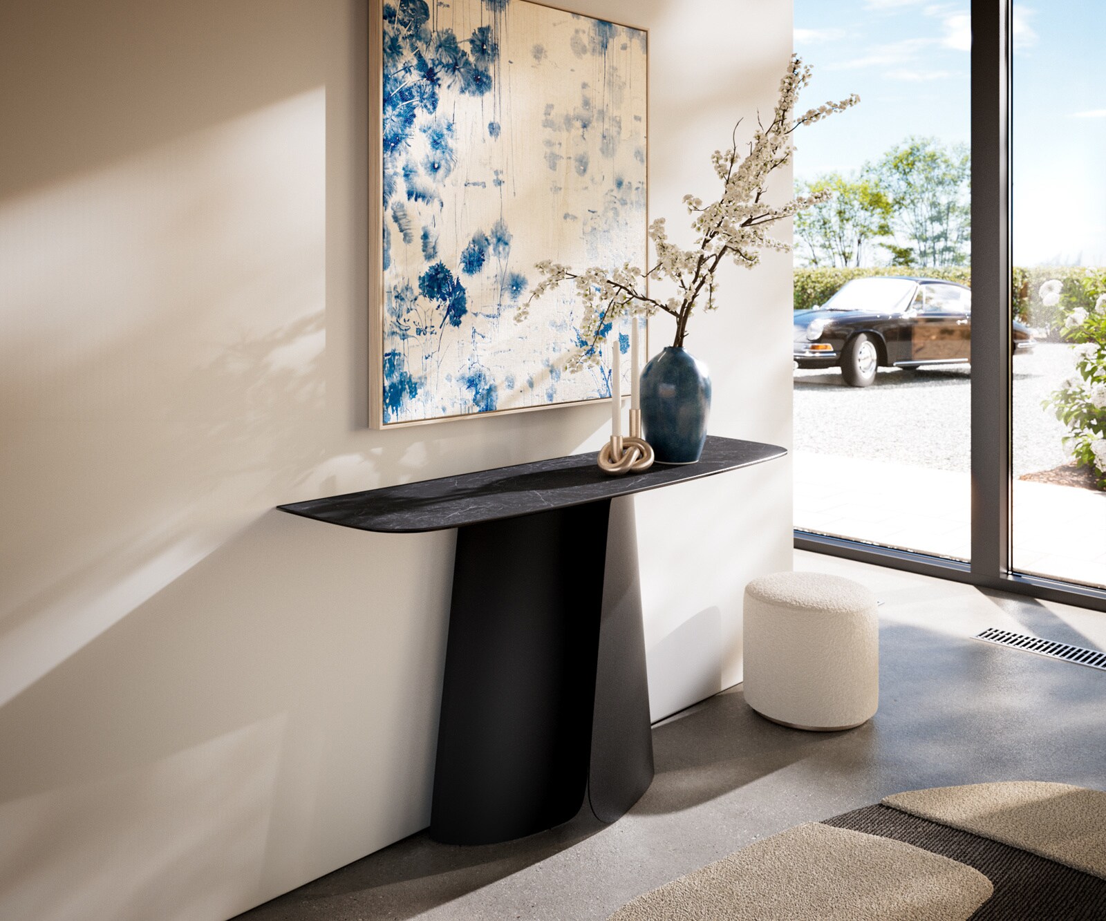 Console Edge forme bateau 180x40 cm Céramique Gris béton Conos Métal Noir