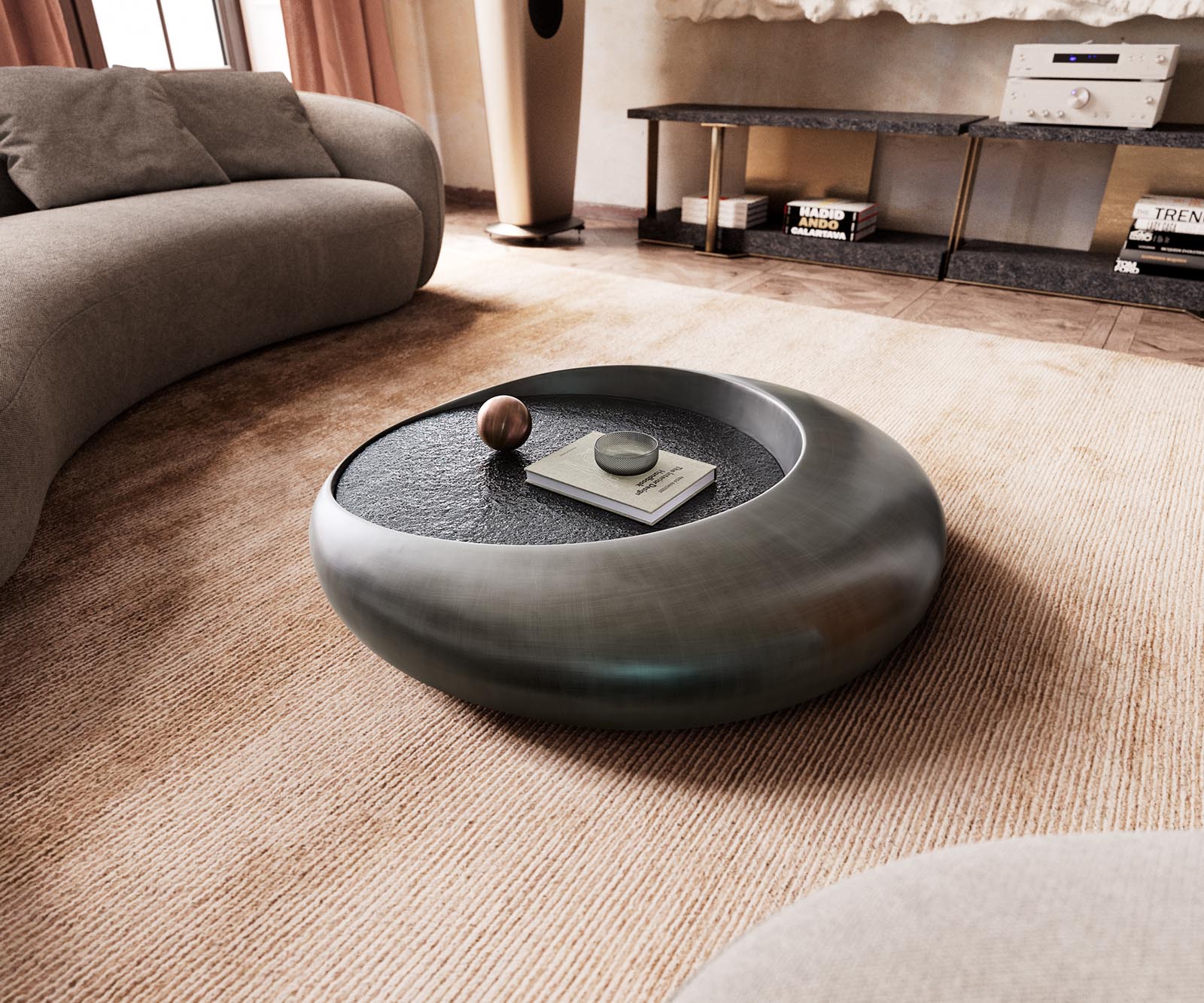 Couchtisch Blaise 100x100 cm Metallic Silber mit Reliefglas Grau Couchtisch Blaise 100x100 cm Metallic Silber mit Reliefglas Grau