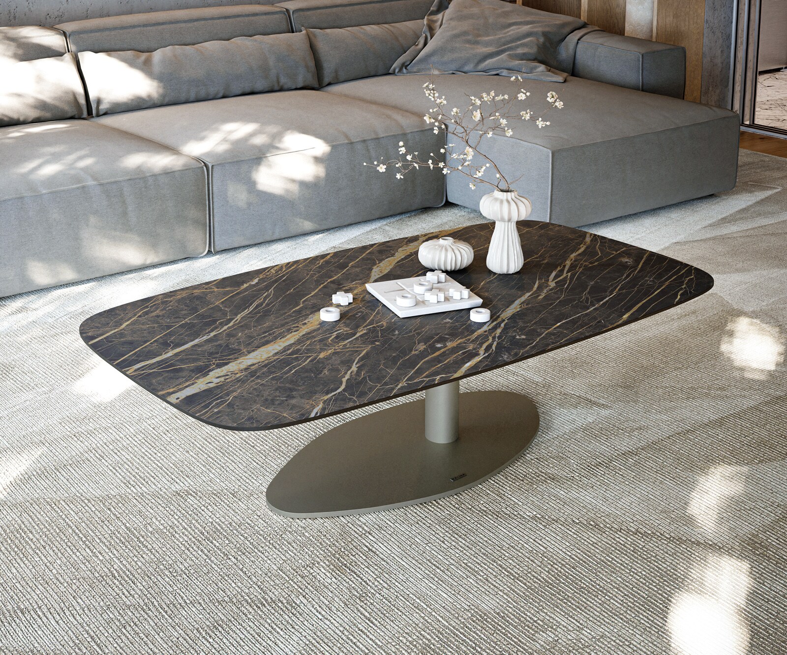 Couchtisch Edge Boot 140x80 cm Keramik Laminam® Noir Desir Braun Vibany Metall Effektfinish Titan 2