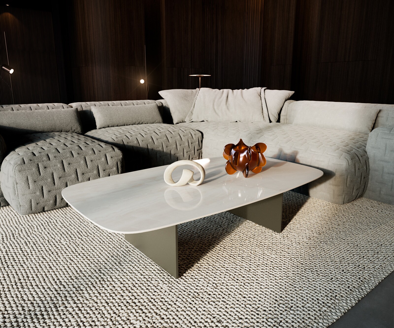 Table basse Edge forme bateau 140x80 cm céramique Onyx Champagne Salto métal finition effet titane