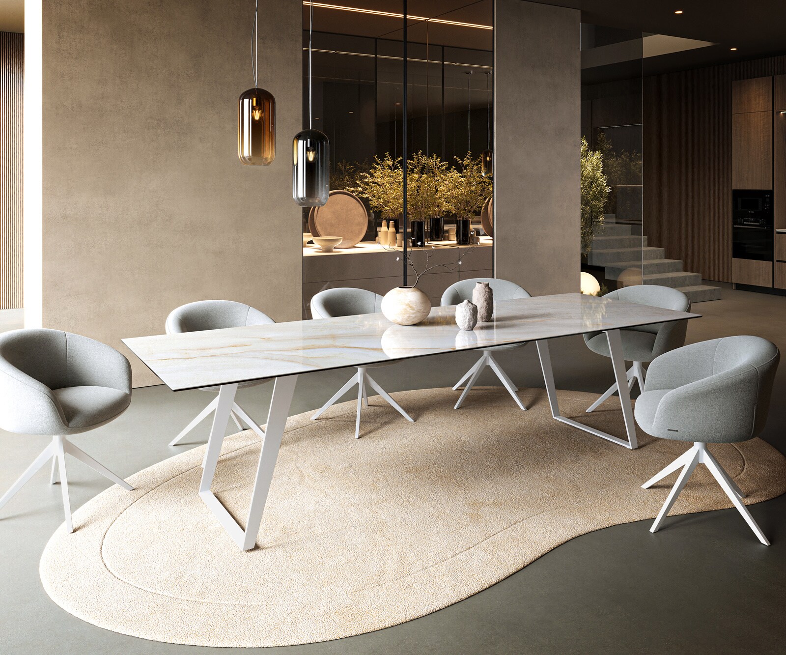 Table à manger Edge 300x100 cm céramique Onyx Pearl piètement incliné métal blanc 6