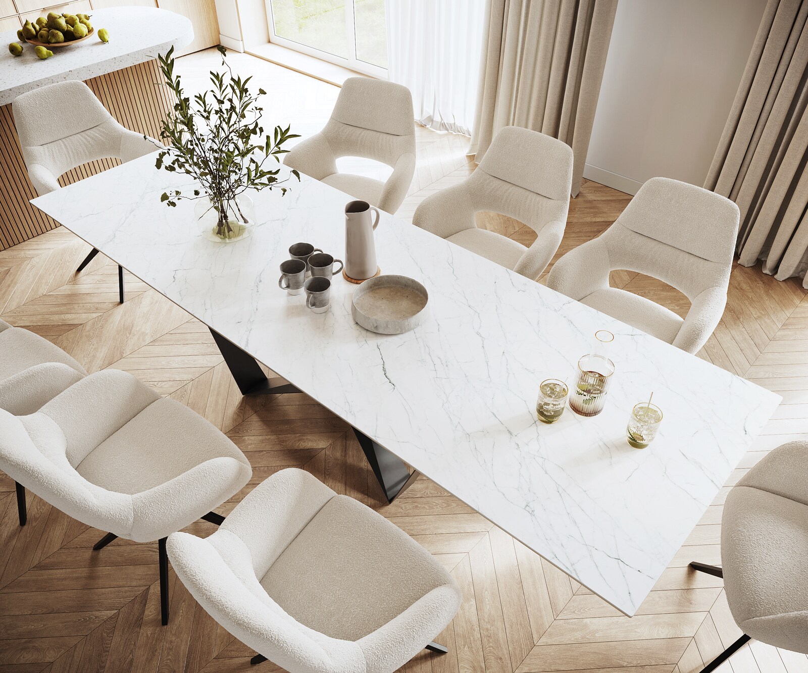 Esstisch Edge 300x100cm Keramik Laminam®Statuarietto Weiß Mittelfuß Flachstahl Schwarz 3