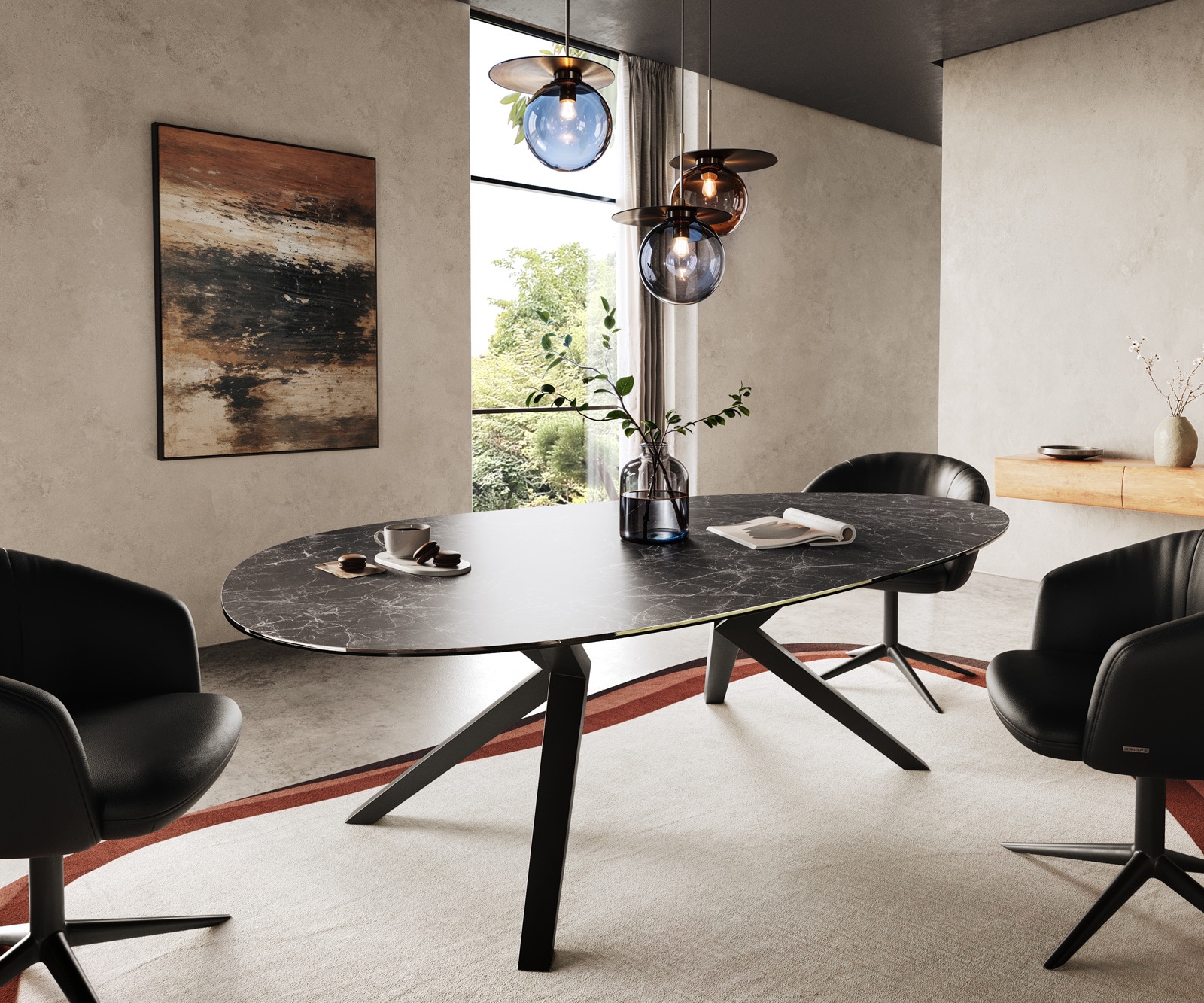 Esstisch Edge Oval 220x120 Keramik Laminam® Nero Greco Anthrazit Zenthara kantig Metall Schwarz 1
