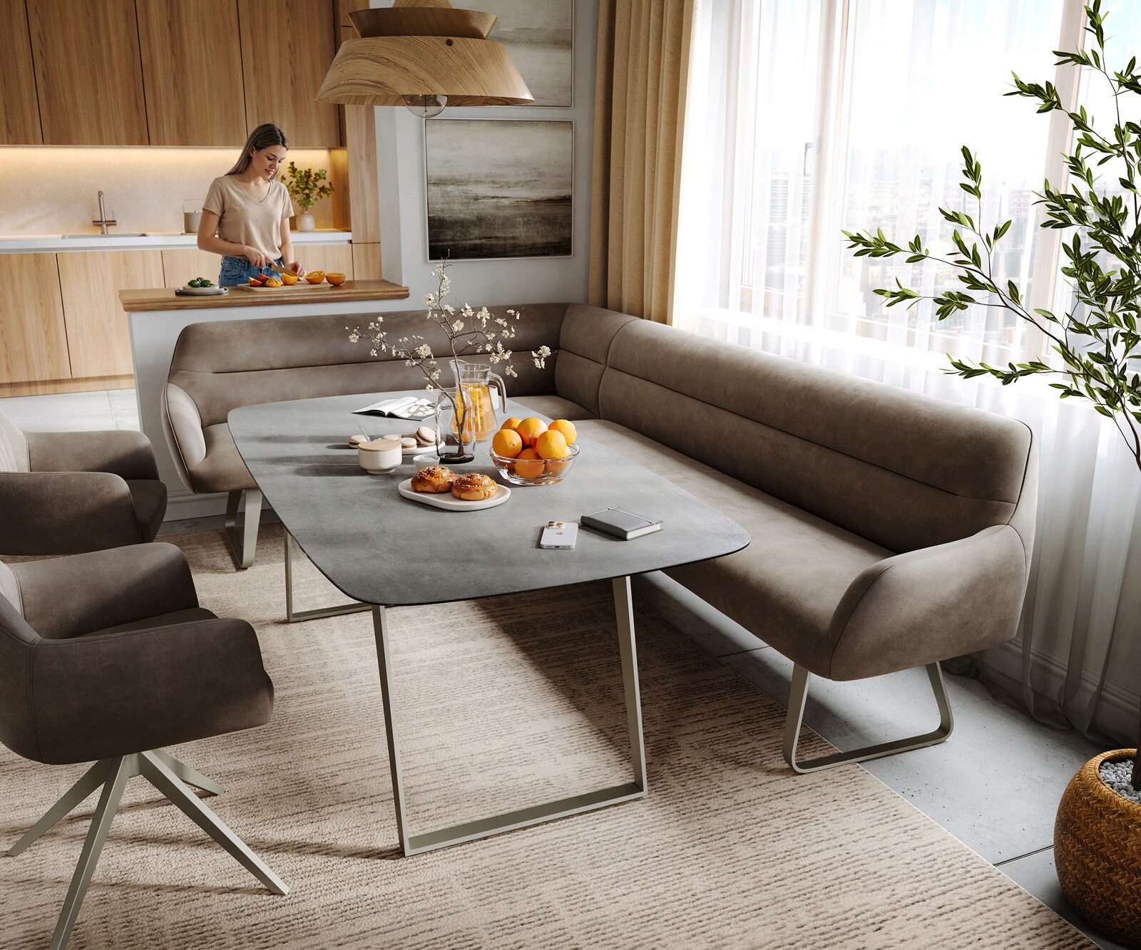 Esszimmerbank Taya-Flex 285x190 cm Mikrofaser Taupe Vintage Kufengestell flach Effektfinish Titan Taschenfederkern Rechts 1