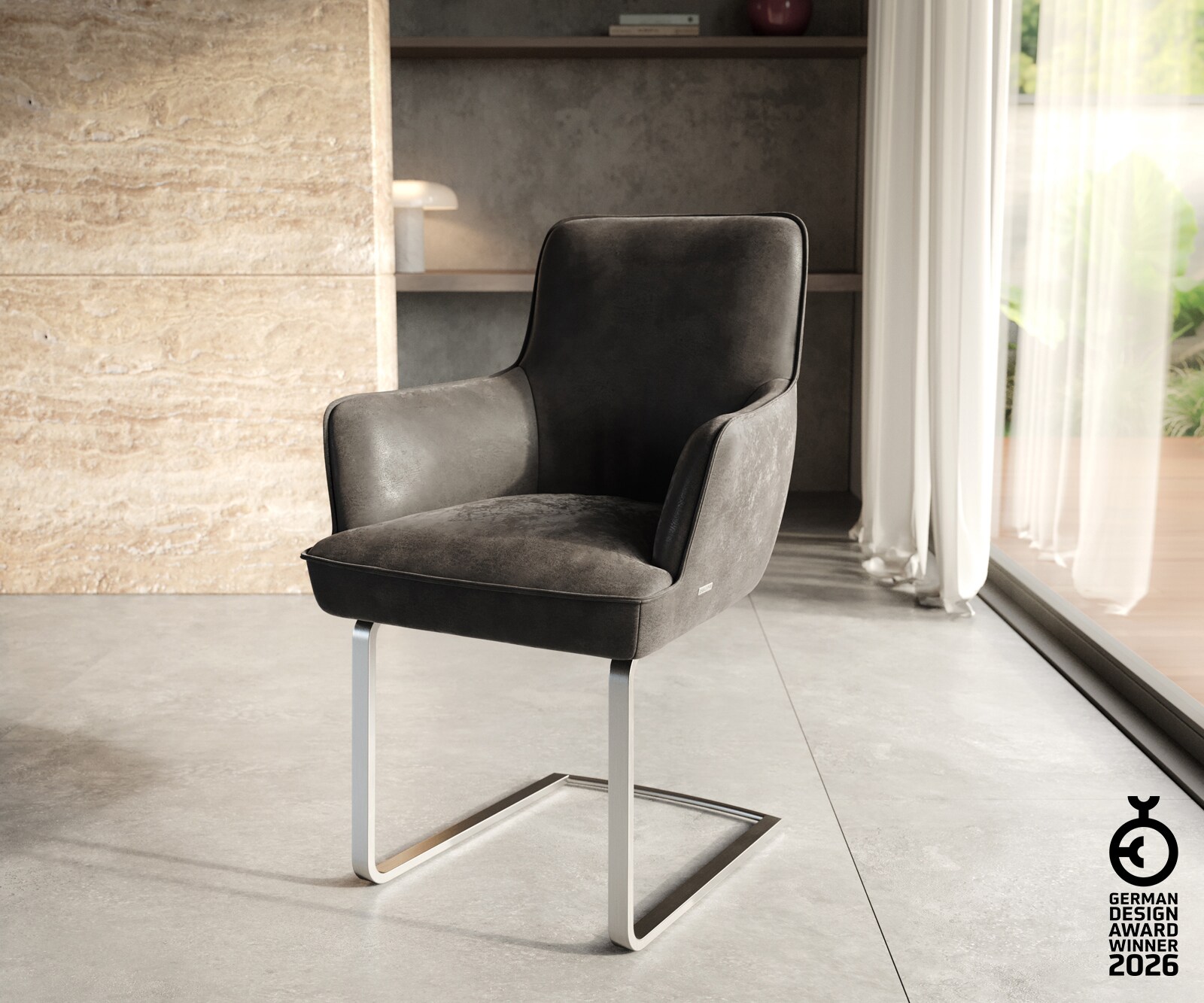 Cantilever Heira-Flex avec accoudoirs microvelours anthracite vintage pied cantilever plat acier inoxydable brossé ressorts ensachés