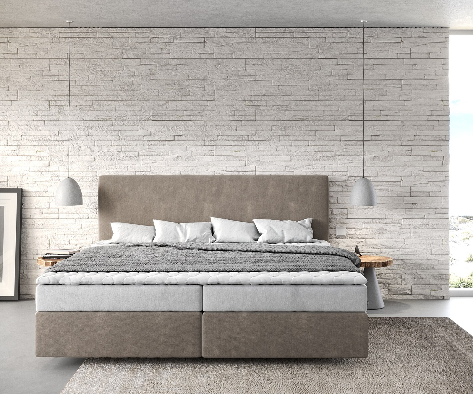 Lit-à-sommier-tapissier Dream-Well Microfibre Beige 200x200 cm Matelas Bonell Surmatelas PU 1