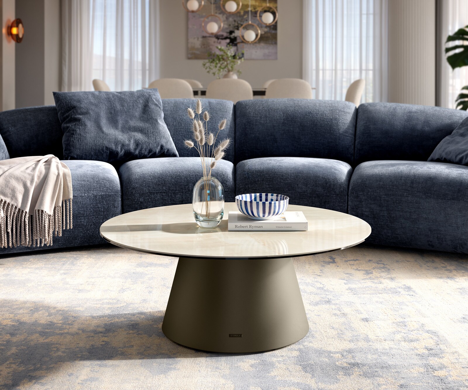 Table basse Edge ronde 90x90 cm céramique Onyx Champagne Borna finition effet titane
