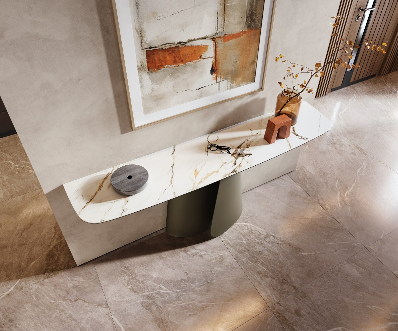 Console Edge forme bateau 180x40 cm Céramique Calacatta Luxe Weiß-Gold-Gris Livos Métal Effektfinish Titan 1