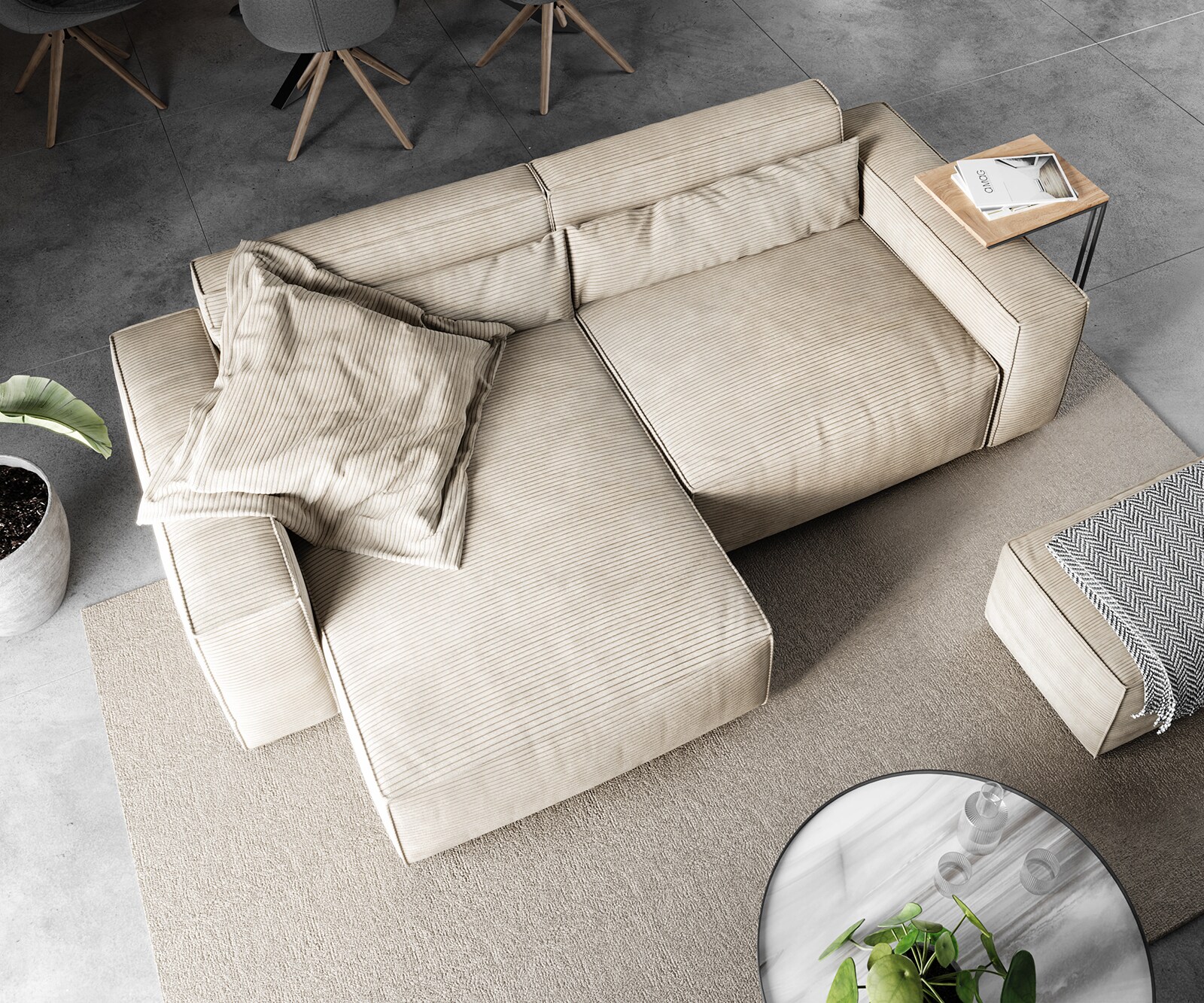 Ecksofa Sirpio L 260x160 cm Cord Beige Recamiere variabel mit Hocker 3