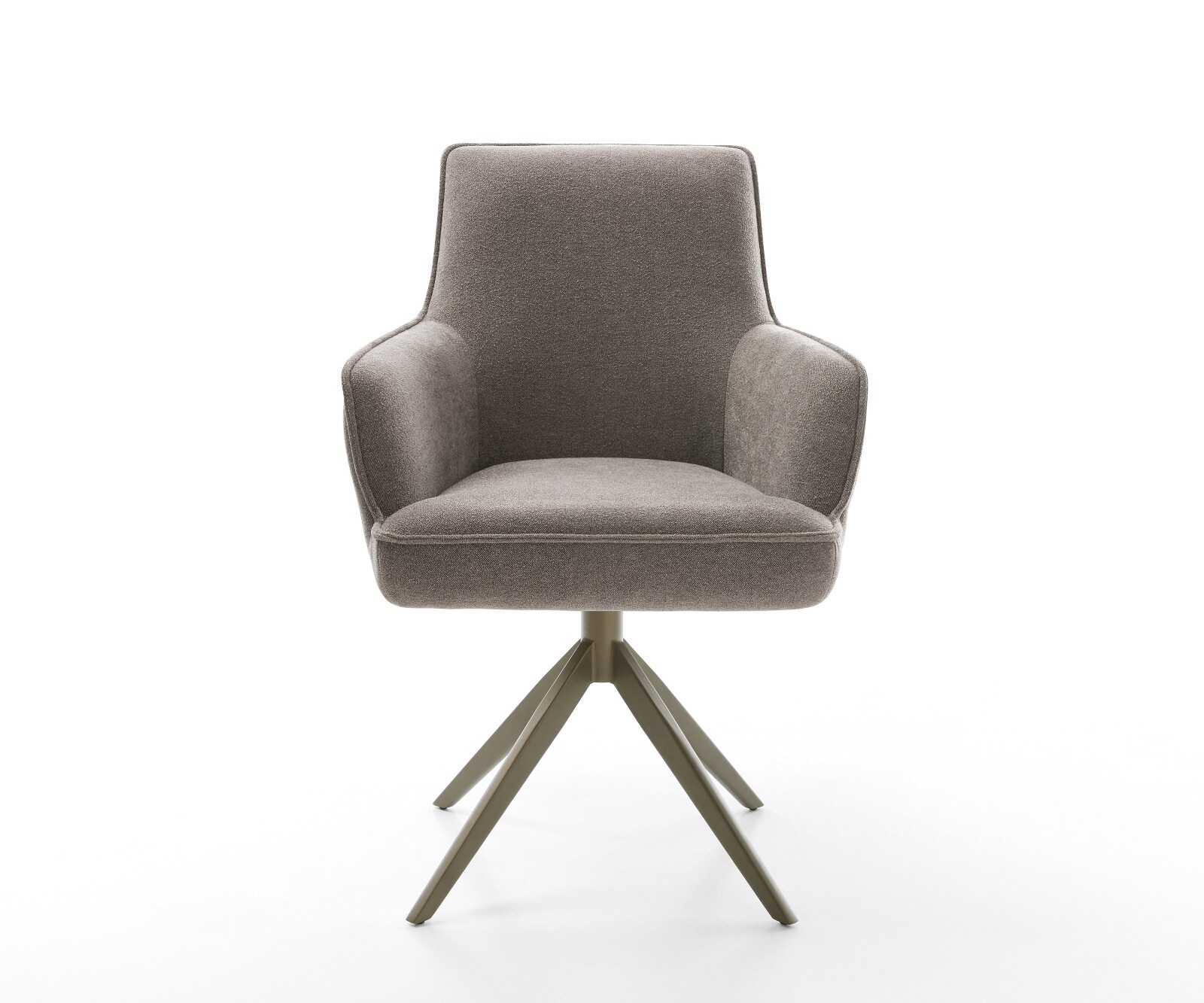 Chaise-pivotante Heira-Flex avec accoudoirs tissu structuré doux taupe pied croisé large aspect titane pivotement sur 360° fonction bascule ressorts ensachés 1
