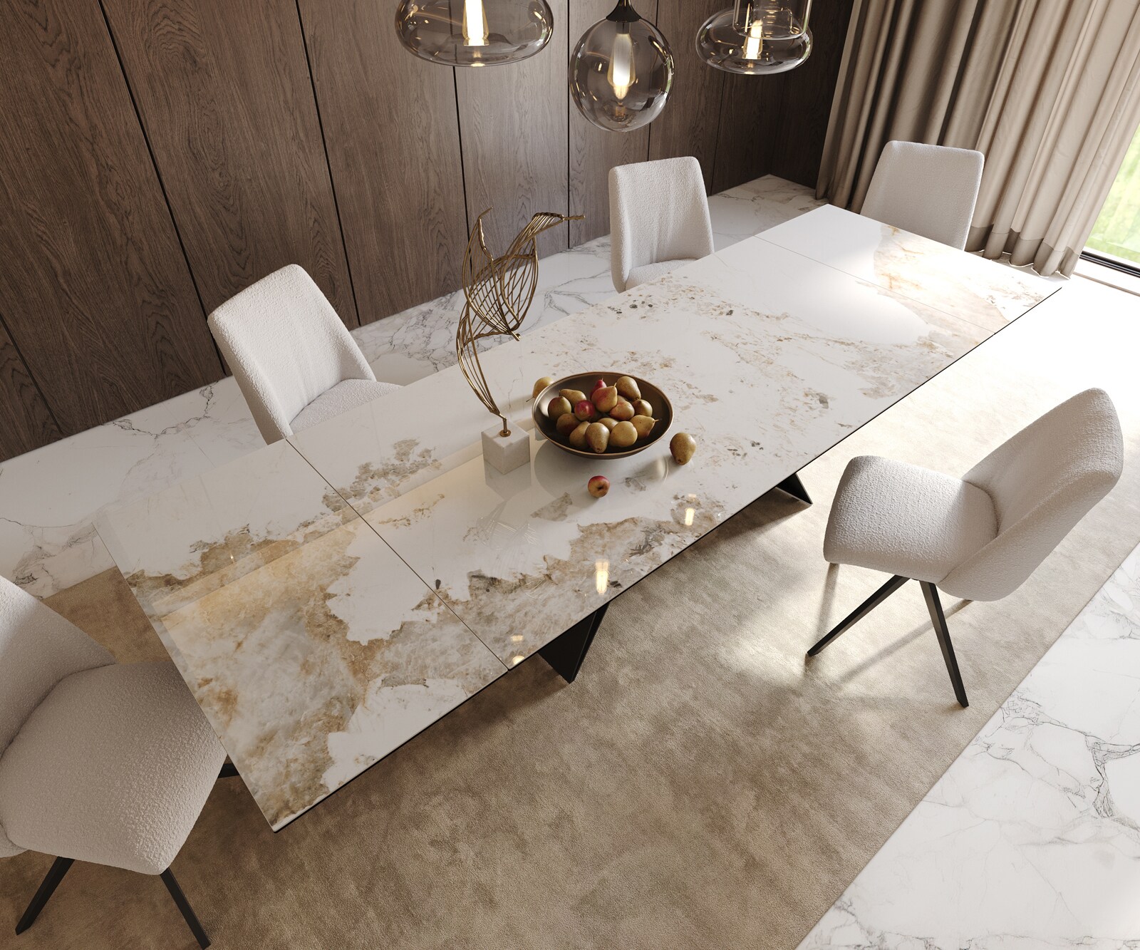 Table à manger Edge 200-300x100 céramique Minas mélange blanc-beige cadre en V acier plat noir extensible 6