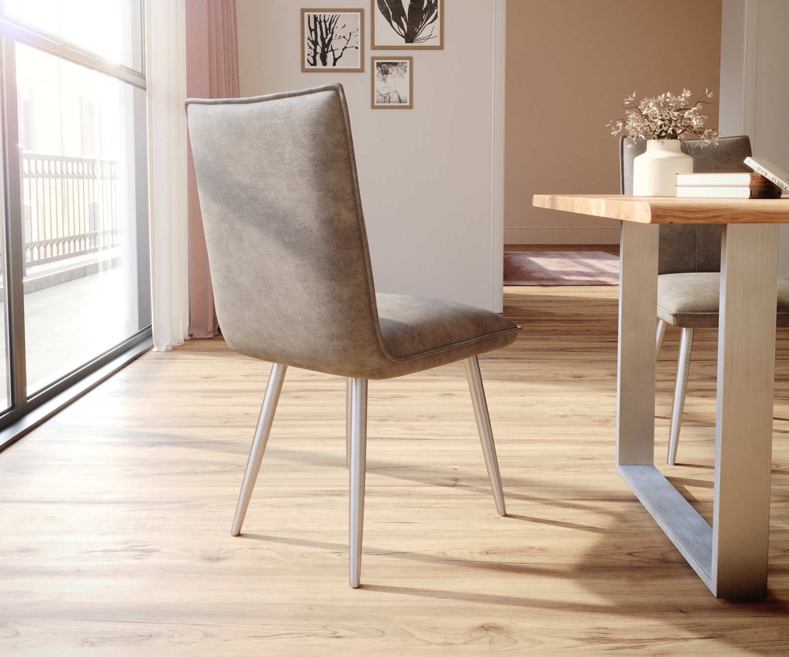 Esszimmerstuhl Lelio-Flex Mikrofaser Taupe Vintage 4-Fuß konisch Edelstahl Taschenfederkern 5