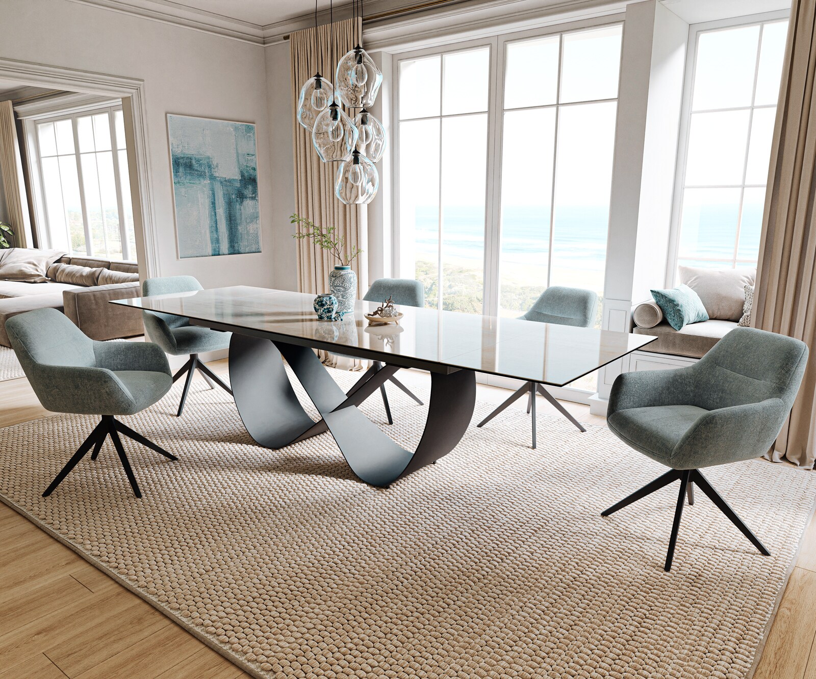 Esstisch Edge 200-300x100 cm Keramik Onyx Champagne Infinity Metall Schwarz ausziehbar 6