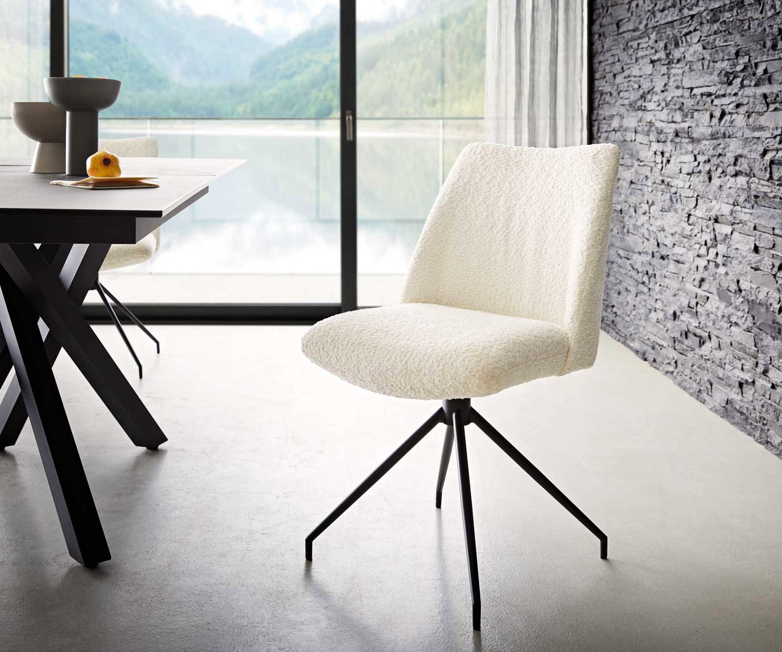 Drehstuhl Elso-Flex Bouclé Weiß Kreuzgestell konisch Schwarz 180° drehbar Taschenfederkern