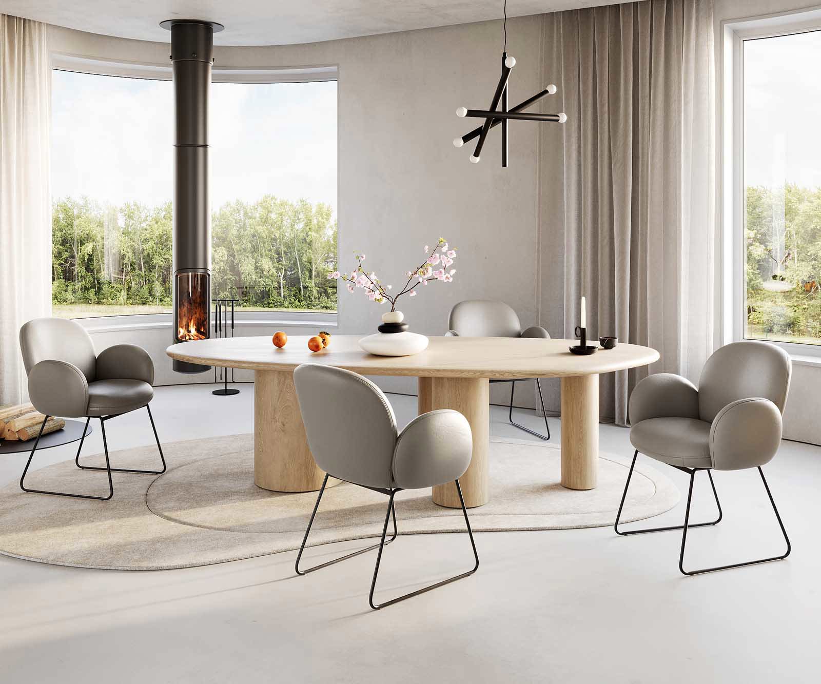 Chaise-de-salle-à-manger Nube-Flex avec accoudoirs cuir de vache couleur boue pied trapèze noir ressorts ensachés 5