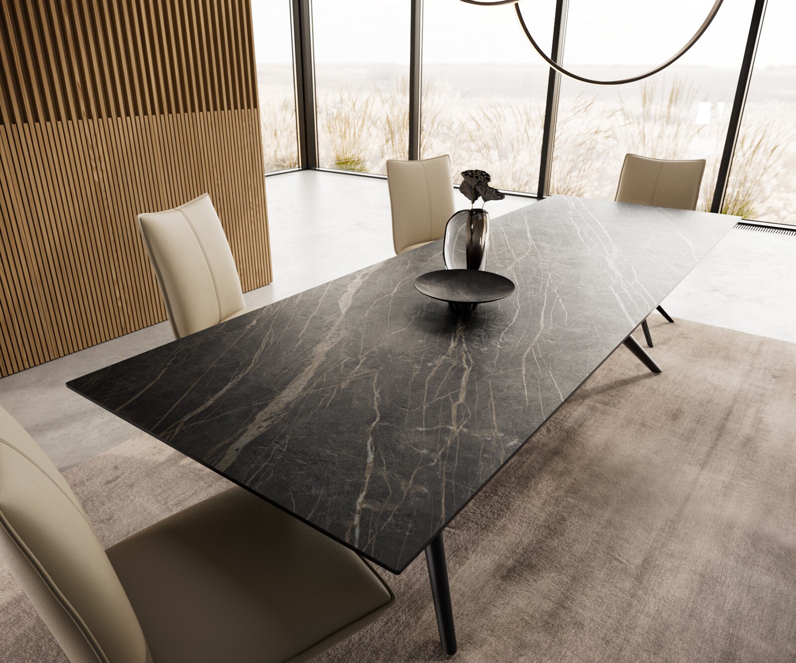 Esstisch Edge 300x100 Keramik Laminam®Noir Desir Braun Estelar rund Metall Schwarz 3