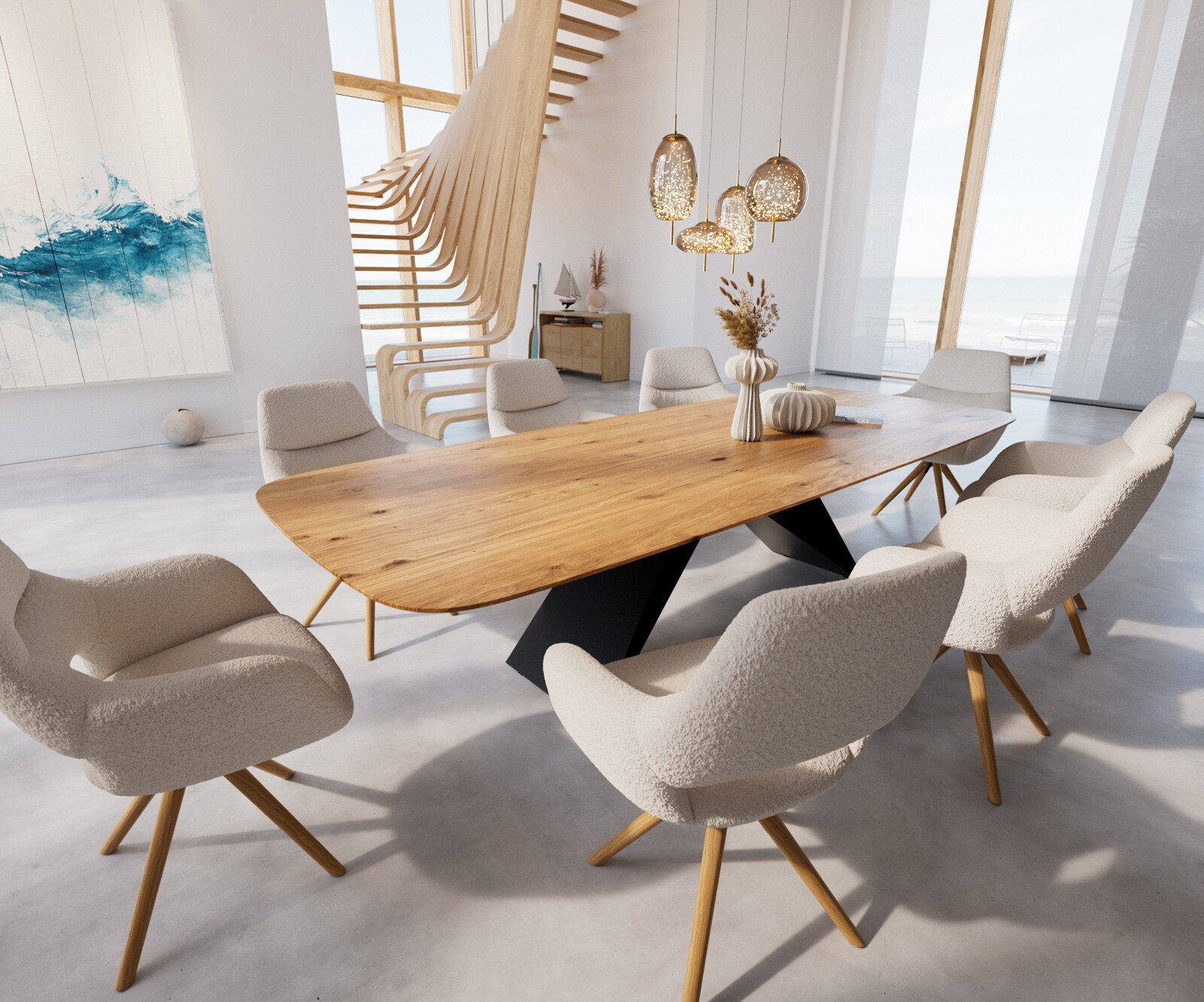 Table à manger Edge Boot 300x120x2,5-3 chêne nature cadre en V acier plat noir bord suisse 5