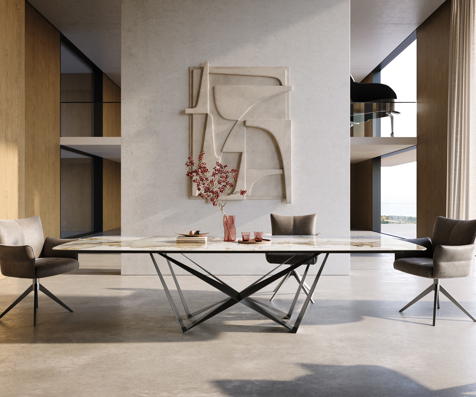 Esstisch Edge Boot 300x120 cm Keramik Minas Melange Weiß-Beige Spider Flachstahl Edelstahl Graphit 1